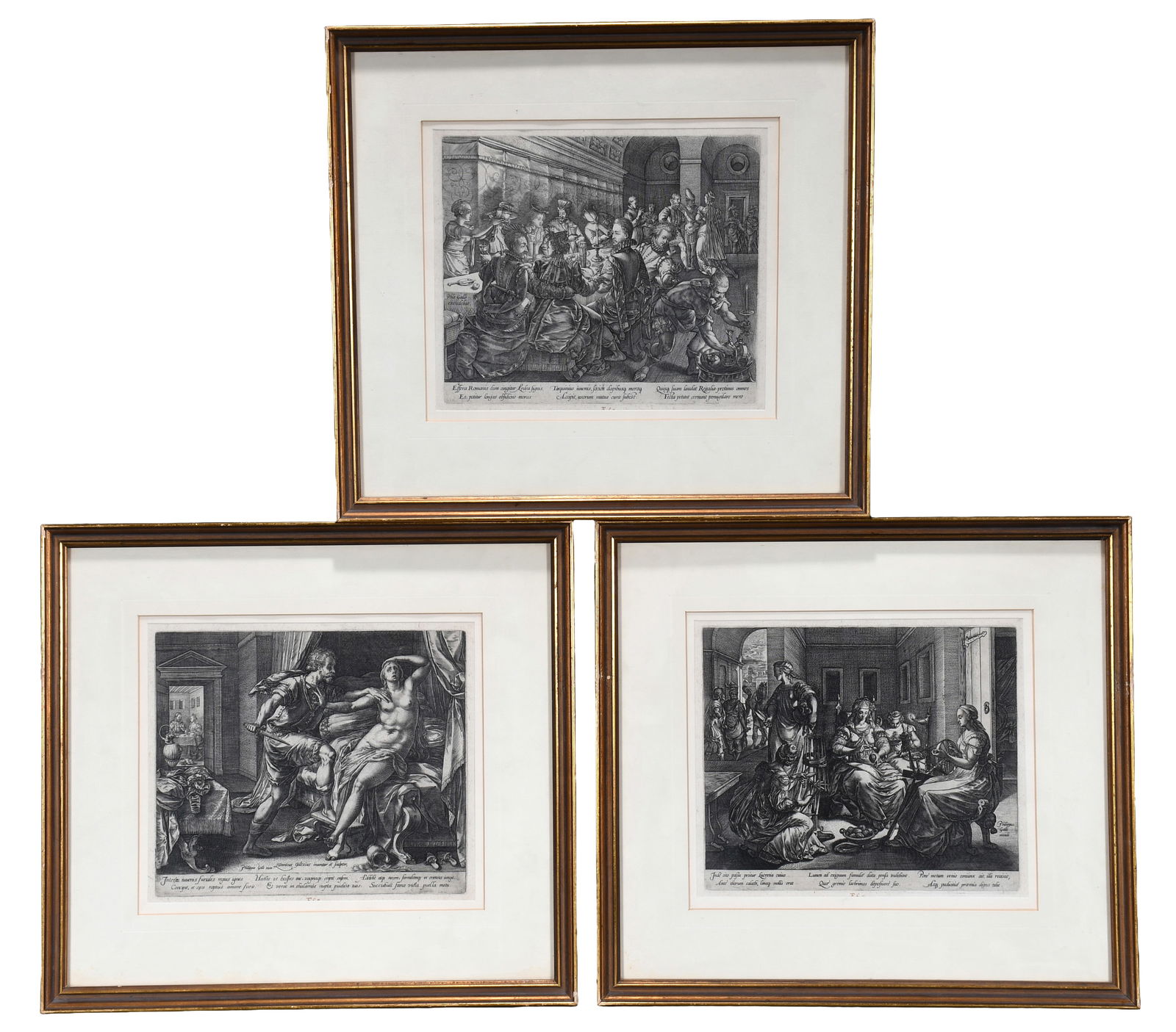 Philips Galle. Three Early Etchings.: Philips Galle. (1537-1612). Three Early Etchings. Dutch publisher. Great condition. Visible Images 10" w x 8.75" h. Frames are 16.5" w x 15" h each. Provenance: Phyllis Kind Gallery. Est. $200-300.