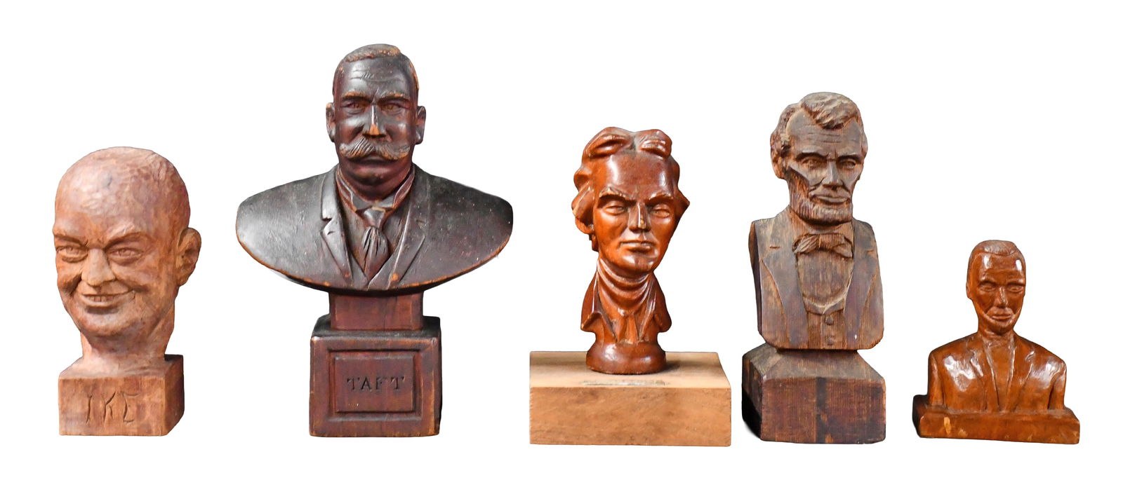 Five Presidents' Busts.: Anonymous. Group of Five Presidents' Busts. Not signed. Carved and varnished wood. Minor wear on some, otherwise good to fair condition. Average is 8" h. Est. $100-200. Ship: $55 Please Read Before Yo