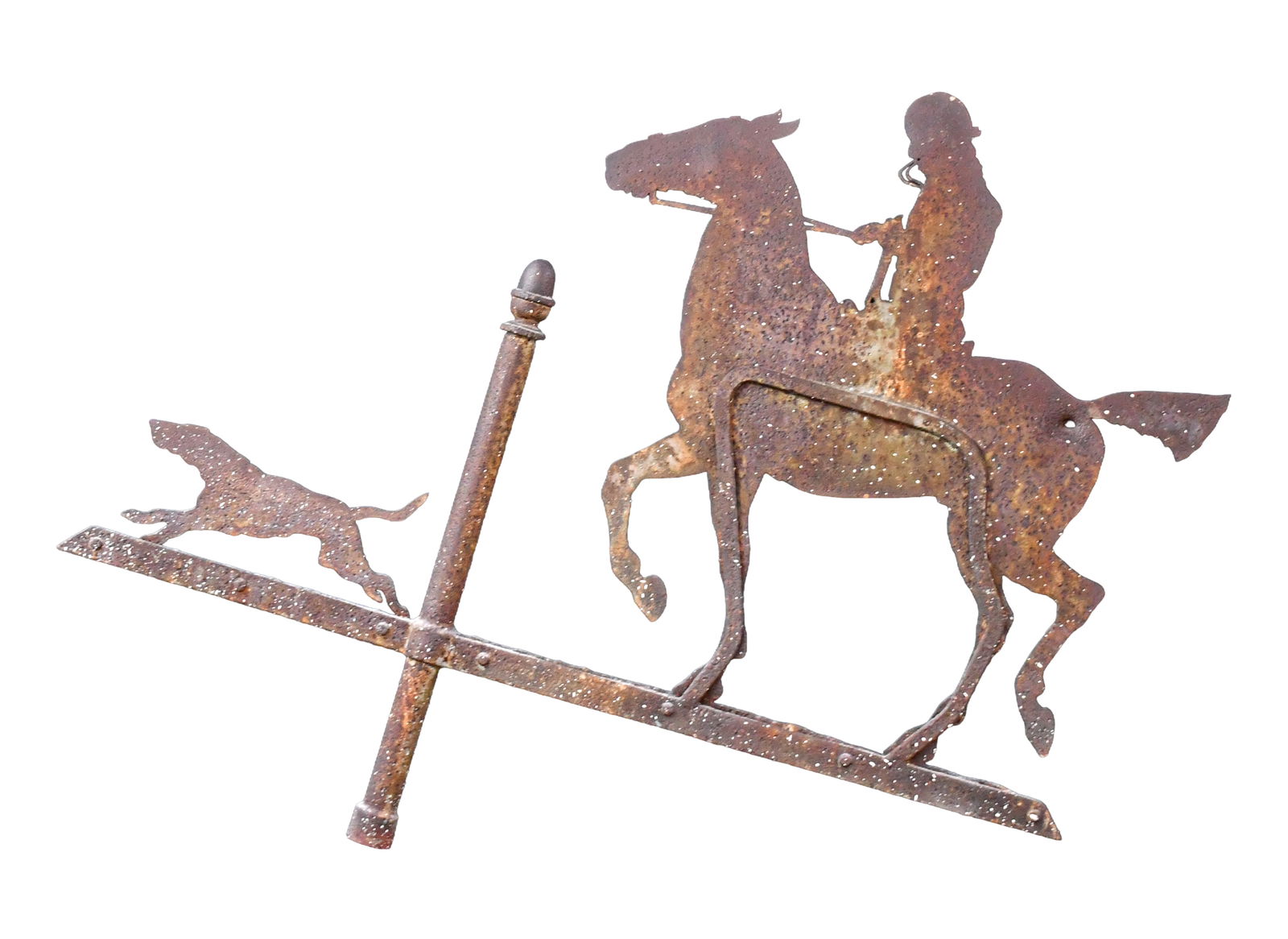 Fox Hunt Weathervane.: Anonymous. Fox Hunt Weathervane. Not signed. Cut metal. Expected environmental wear and rust, otherwise good condition. 32" w x 28" h. Est. $100-300. Ship: $85 Please Read Before You Bid: By registeri