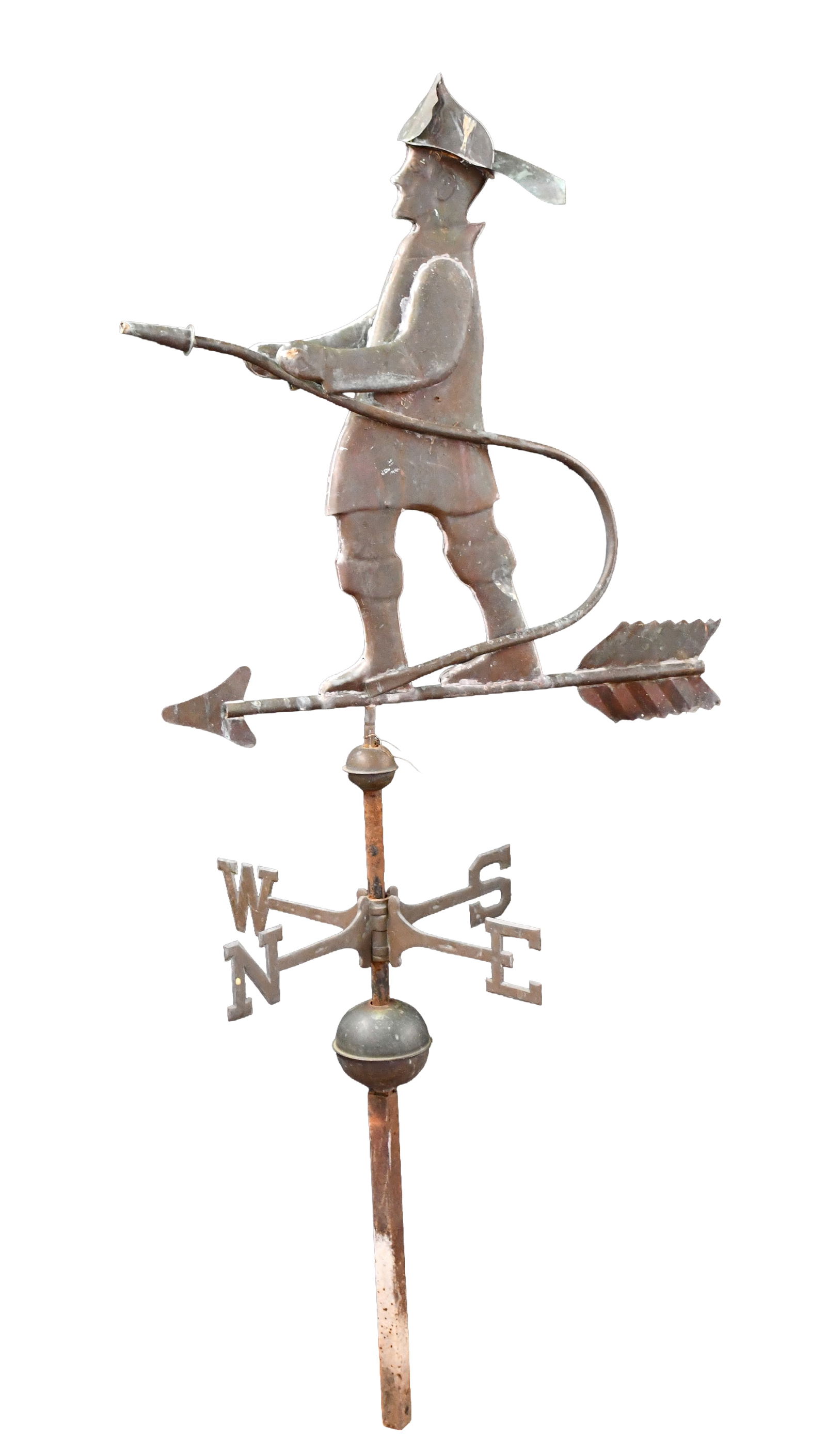Fireman Weathervane.: Anonymous. Fireman Weathervane. Pressed copper. Excellent condition. 27" w x 59" h x 13" d. Est. $100-200. Buyer is responsible for shipping. Please Read Before You Bid: By registering for and/or