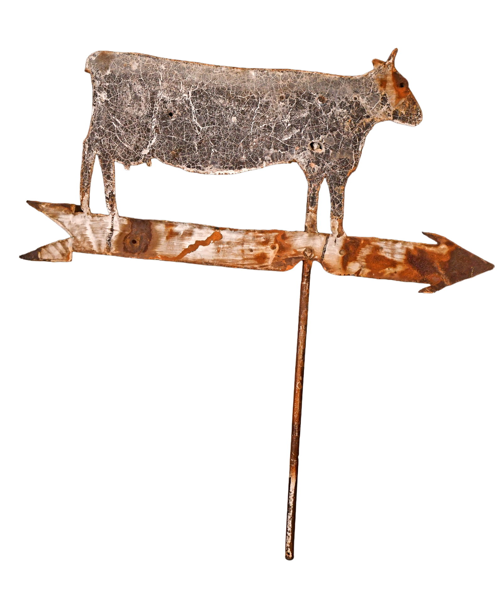 Cow Weathervane.: Anonymous. Cow Weathervane. Cut out rusted metal with some paint. Lots of environmental weathering, otherwise good condition. 26" w x 27" h. Est. $50-100. Ship: $85 Please Read Before You Bid: By regi