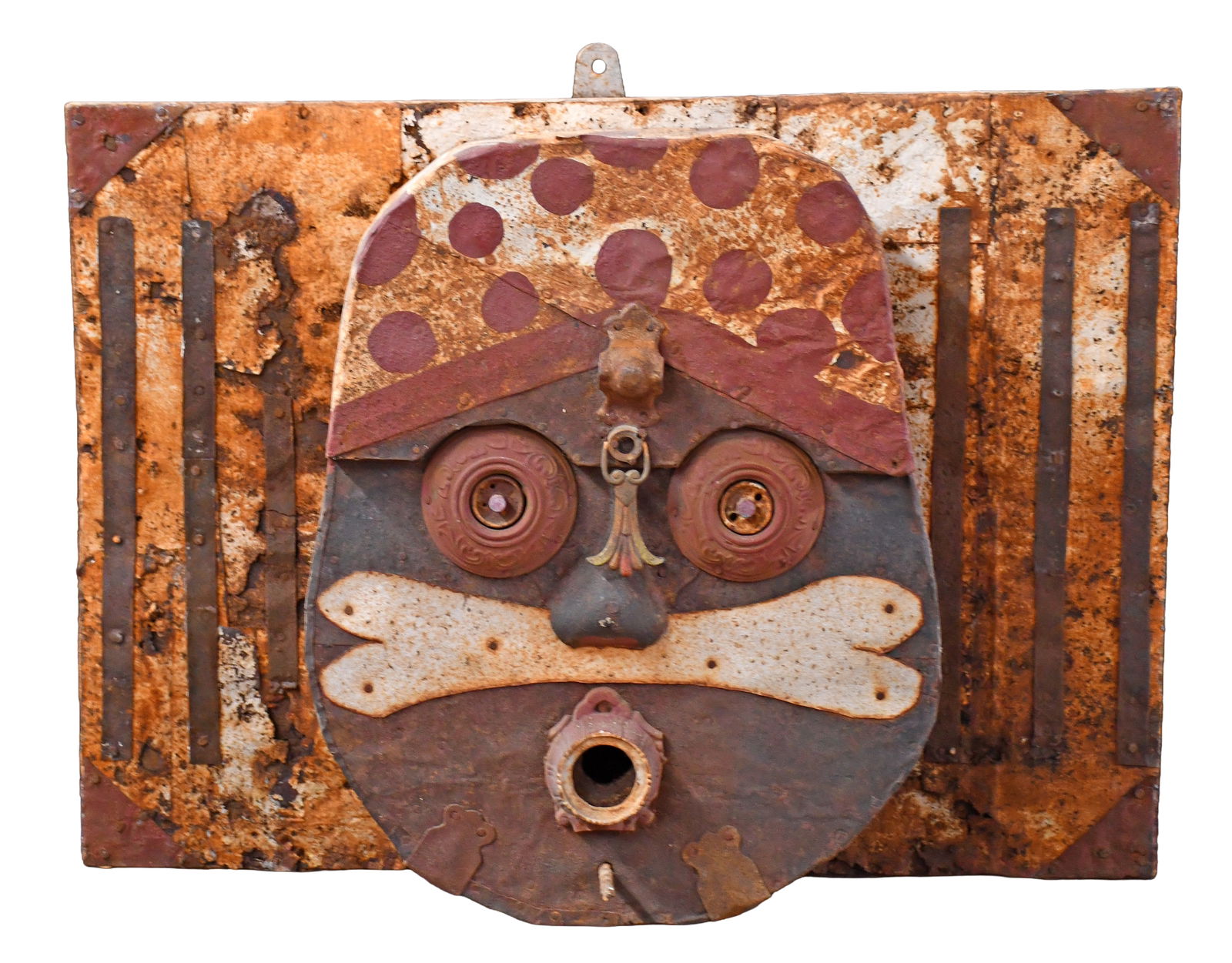 Figural Bird House.: Anonymous. Figural Bird House. Not signed. Wood with metal details and applied found objects. Lots of environmental wear and rusting, otherwise good condition. 19" w x 26" h x 8" d. Est. $100-200.