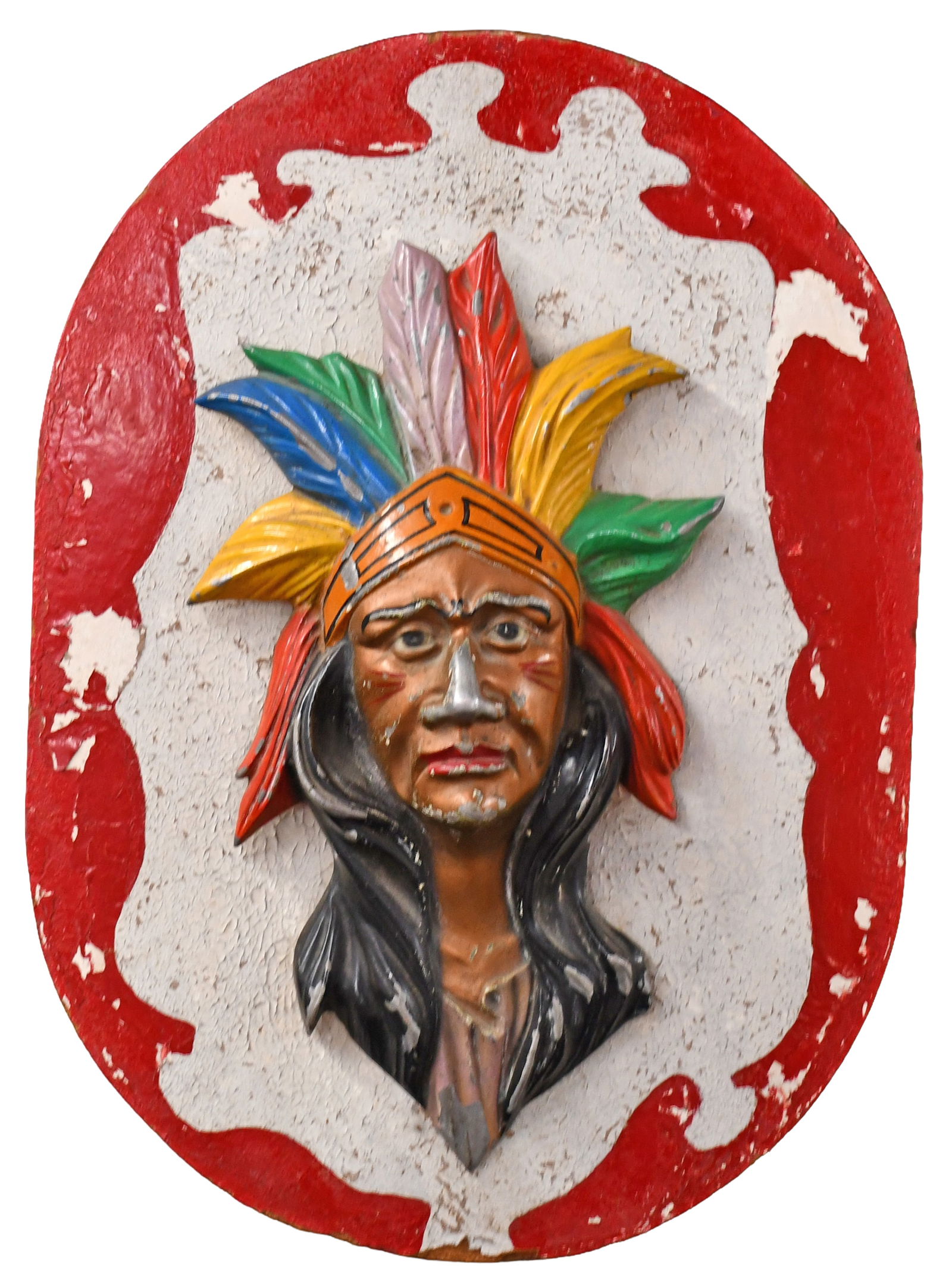 Carnival Facade Decoration.: Anonymous. Carnival Facade Decoration. Not signed. Painted aluminum Indian head backed to fiberboard. Minor paint wear, otherwise good condition. 20" w x 28" h. Est. $200-300. Ship: $125 Please