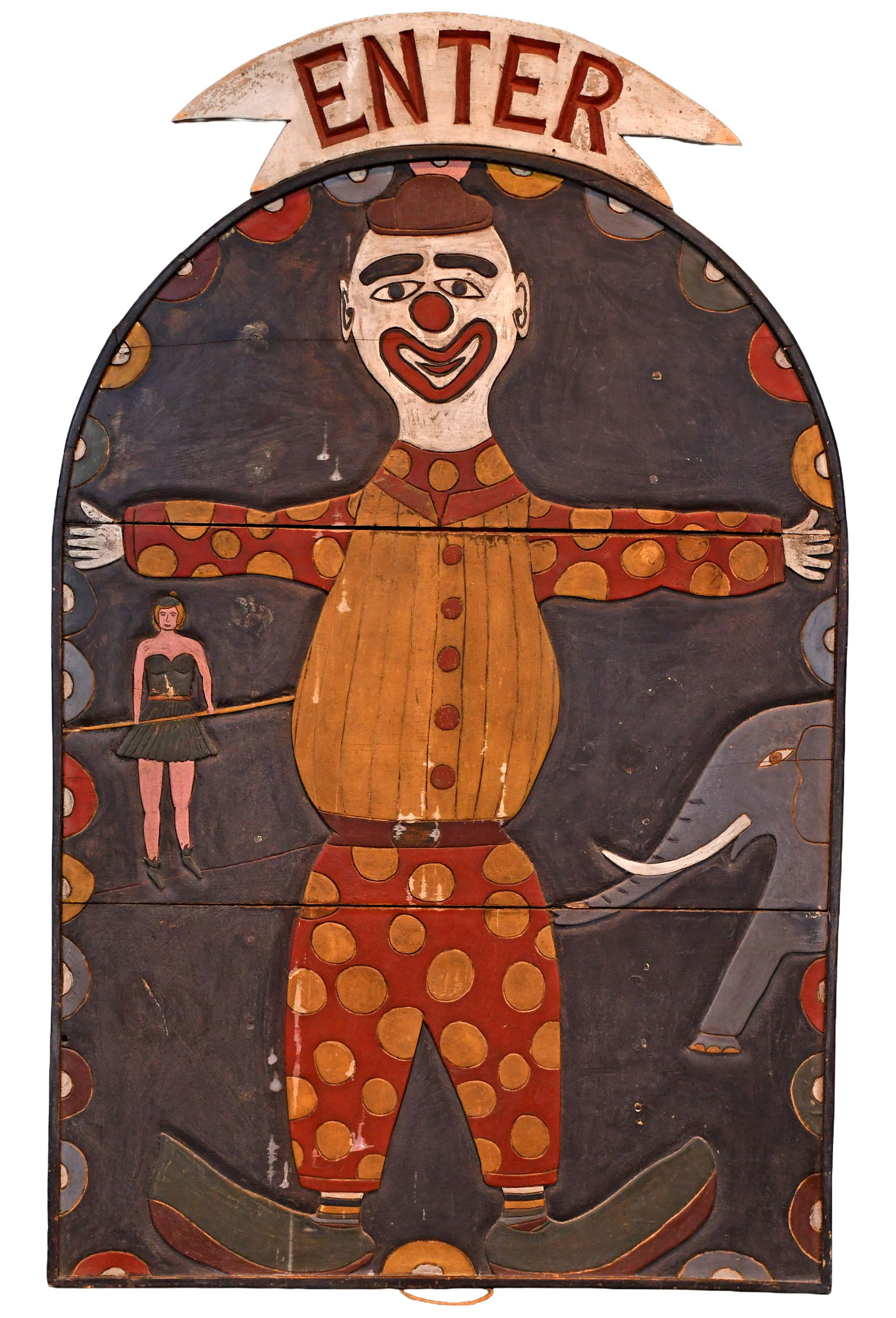 Bob Mahalick. Enter.: Bob Mahalick. Enter. 1987. Signed and dated. Carved and painted joined boards. Minor paint rubs, otherwise good condition. 37" w x 59" h. Est. $200-400. Buyer is responsible for shipping. Please