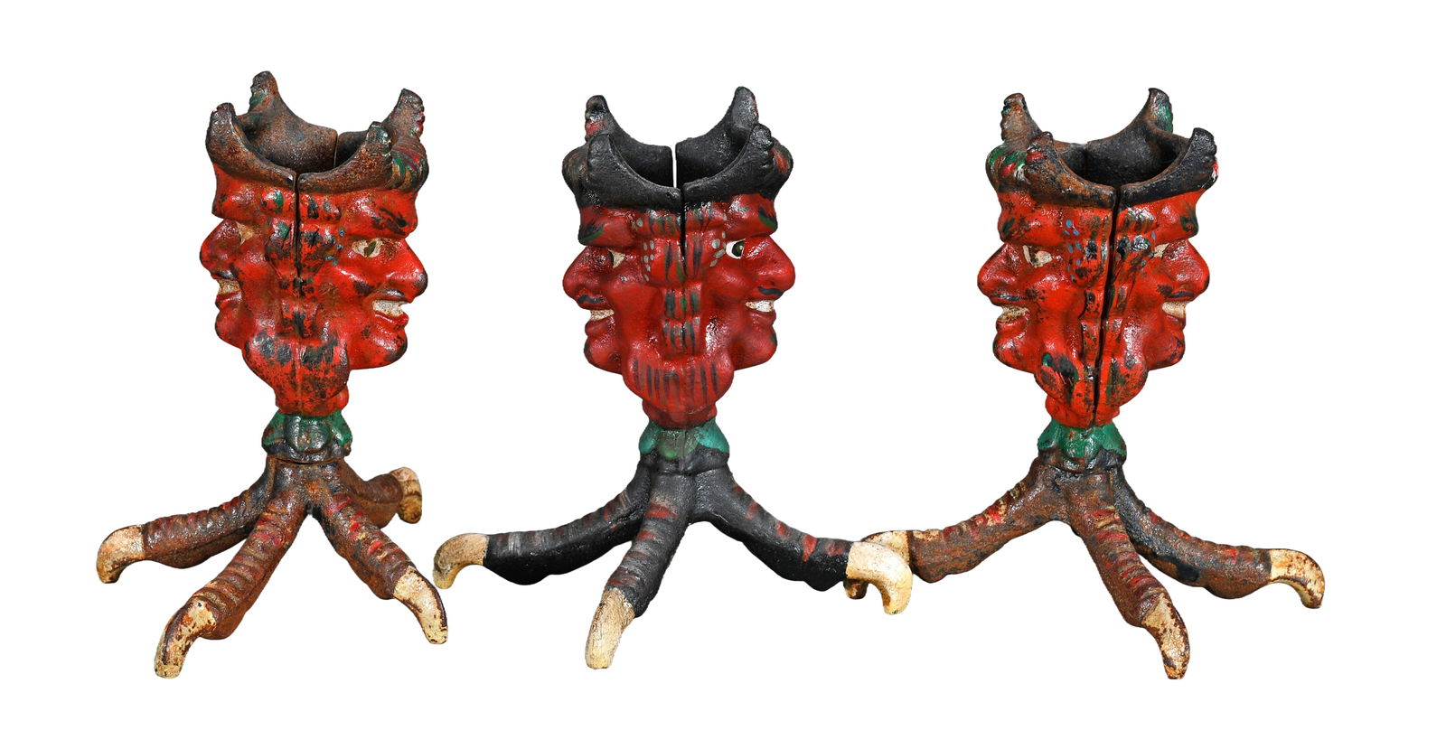 3 Devil Double Face Clawfoot Whatnots.: Anonymous. 3 Devil Double Face Clawfoot Whatnots. Paint on pot metal. Some wear to paint otherwise great condition. Average size is 4" h. Est. $200-300. Ship: $45 Please Read Before You Bid: By