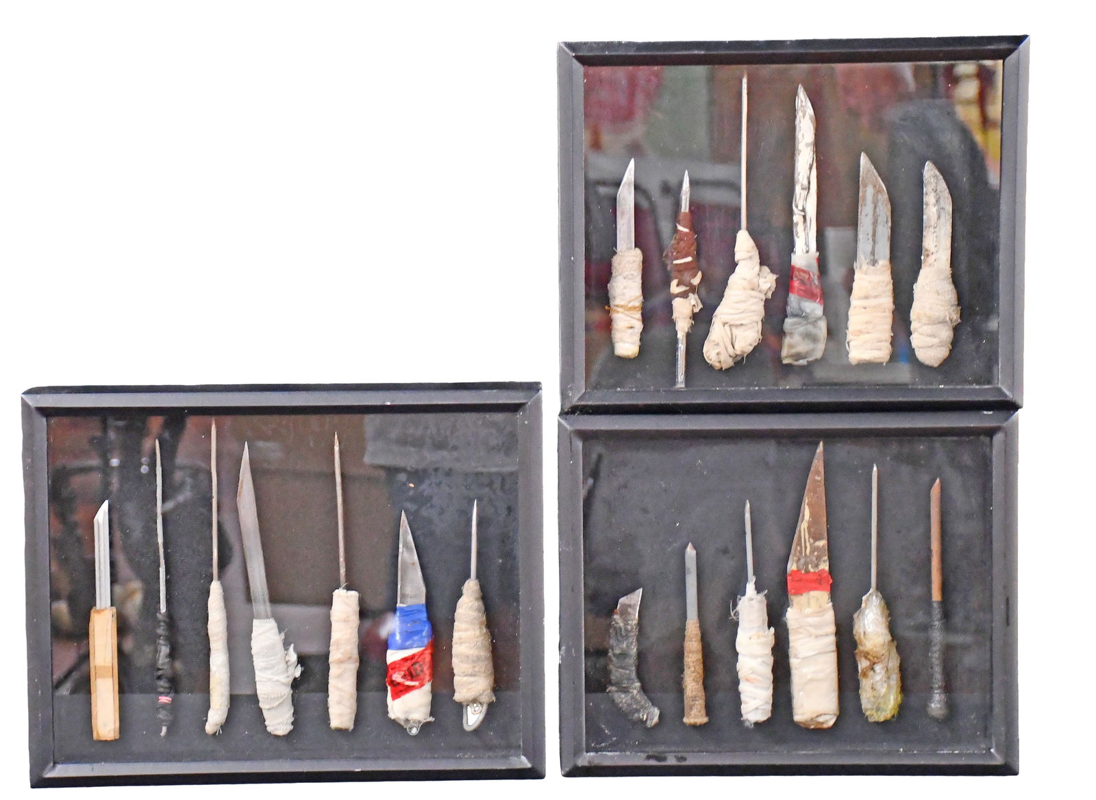 Three Framed Shank Groupings.: Anonymous. Three Framed Shank Groupings. Sharpened steel with mixed media. Great condition. Average frame size is 15" w x 13" h. Est. $300-500. Ship: $100 Please Read Before You Bid: By