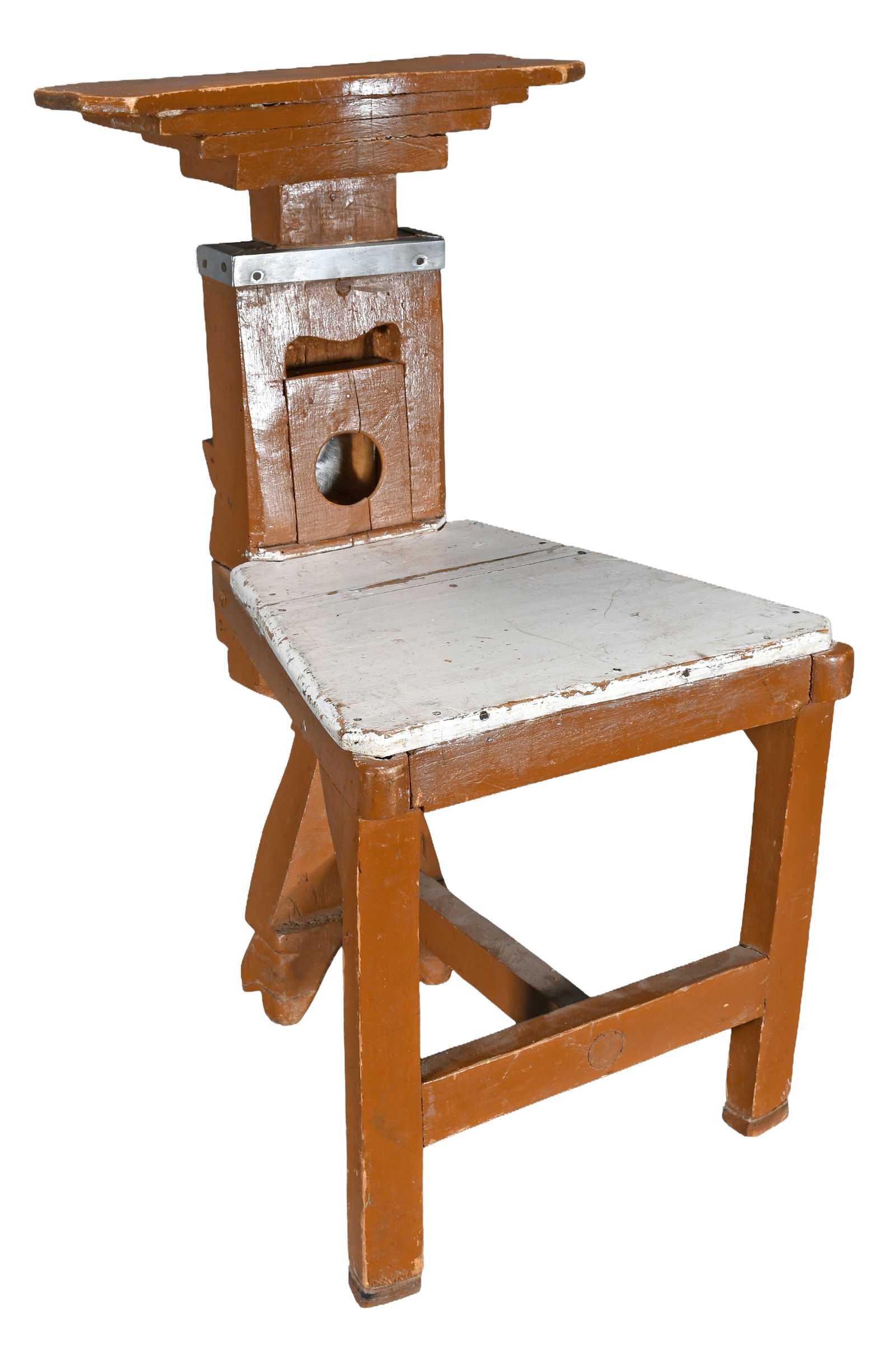 Cock Fighting Chair.: Anonymous. Cock Fighting Chair. Carved and painted wood with mixed media construction. Good condition. 29" h x 15" w x 17" d. Est. $50-100. Buyer is responsible for shipping. Please Read Before You