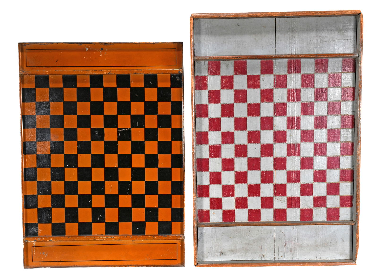 Pair of Checker Boards.: Anonymous. Pair of Checker Boards. Paint on tin and wood. Minor wear, minor wood split, otherwise good to fair condition. Largest is 18" w x 23" h. Est. $100-200. Ship: $85 Please Read Before You