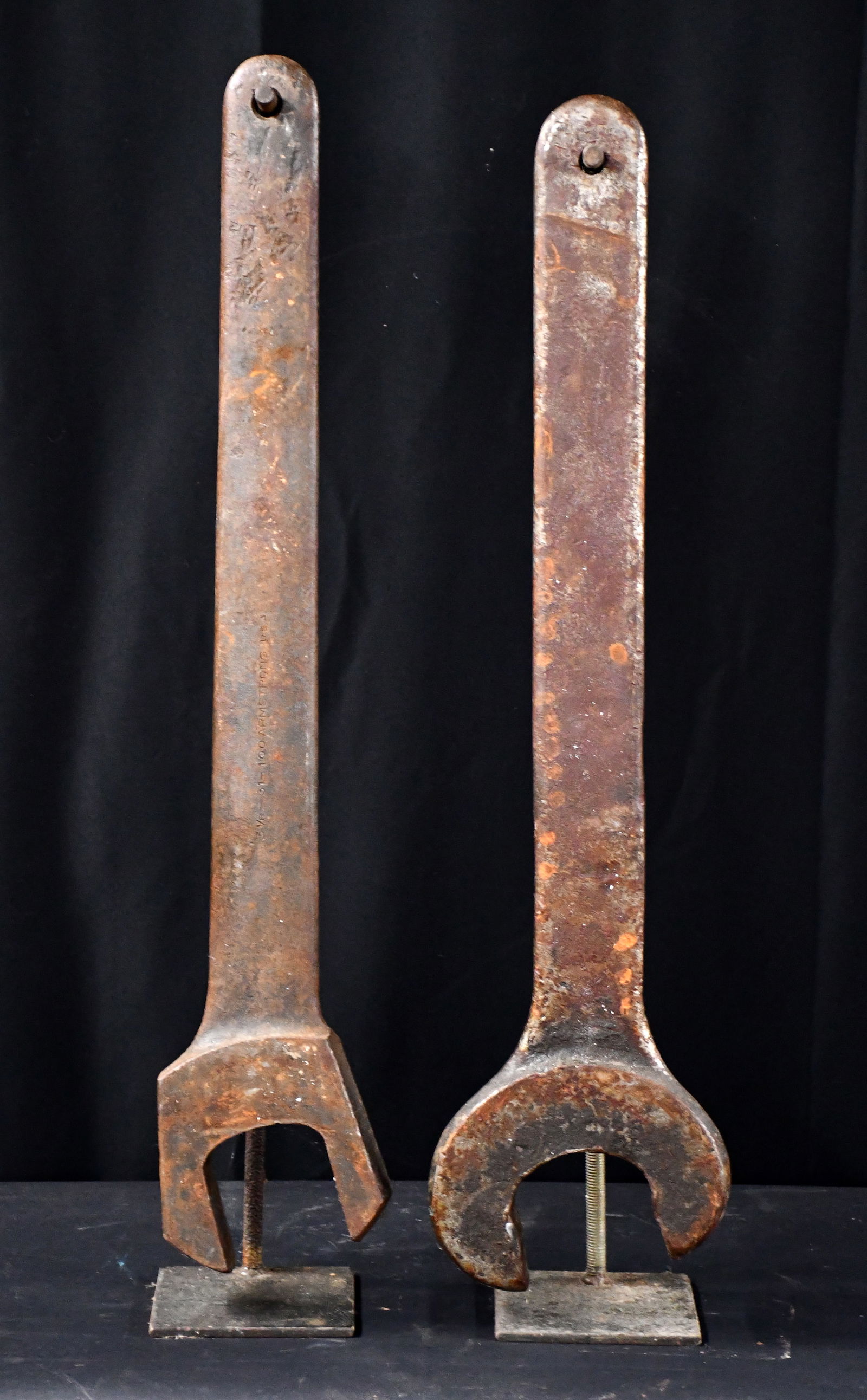 Pair of Railroad Wrenches.: Anonymous. Pair of Railroad Wrenches. Heavy metal wrenches with stands. Minor rusting and pitting, otherwise great condition. Tallest is 31" h with stand. Est. $100-200. Ship: $85 Please Read