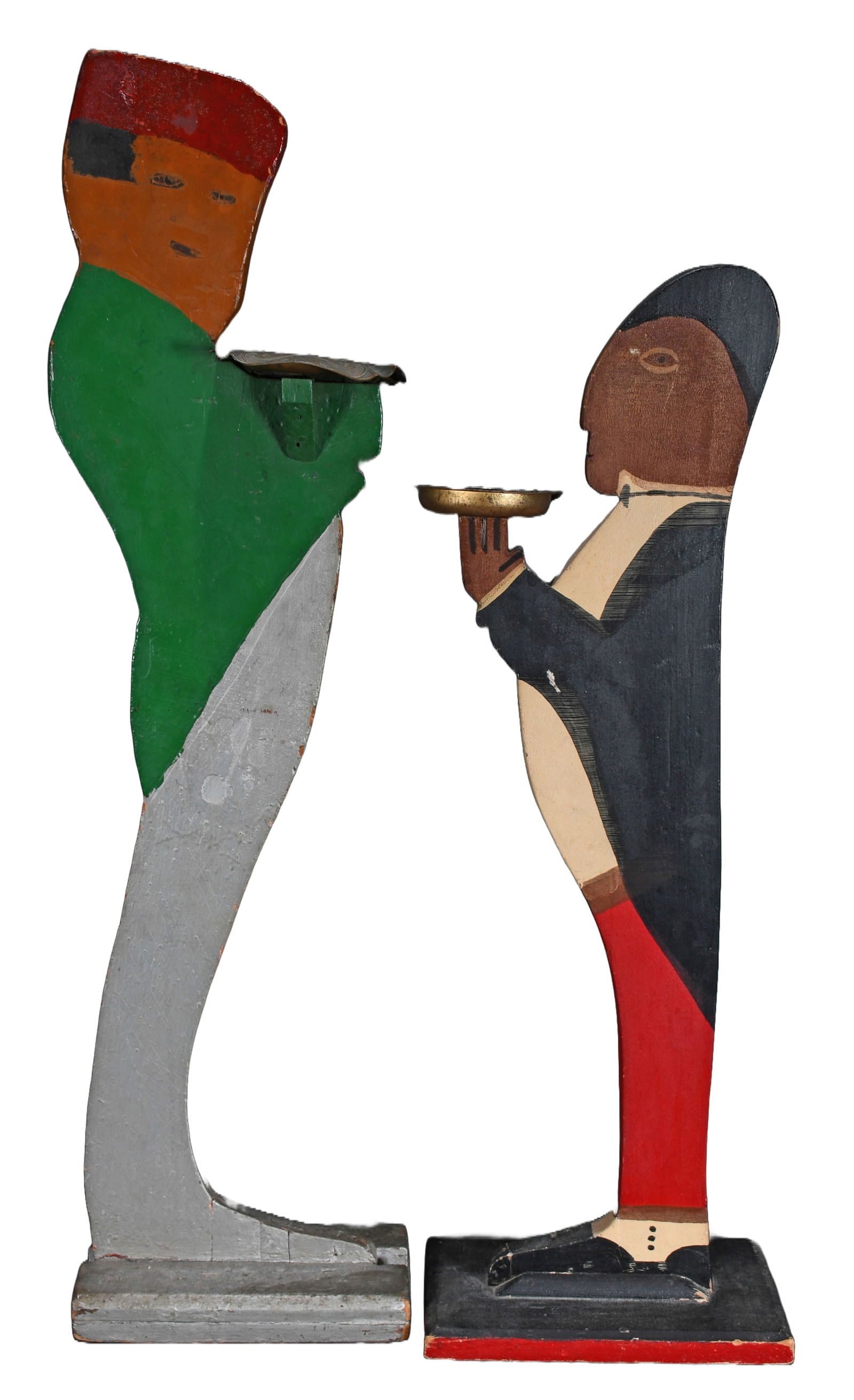 Smoking Stands. Butler in Black Tuxedo and Butler in Red Hat.: Anonymous Smoking Stands. Butler in Black Tuxedo and Butler in Red Hat. c. 1940's. Cutout and painted wood metal ashtray. Wear on paint, otherwise good condition. Tallest is 35" h. Est. $50-75. Ship: