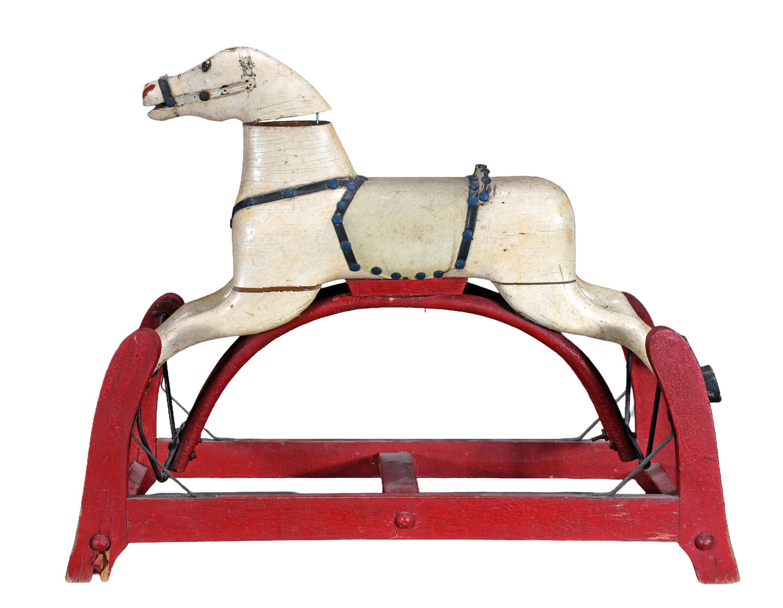 Early Child's Rocking Horse.: Anonymous. Early Child's Rocking Horse. Carved and painted wood and metal construction. Large separation in head, legs, wear throughout otherwise fair condition. 27" h x 33" w x 12" d. Est. $25-50.