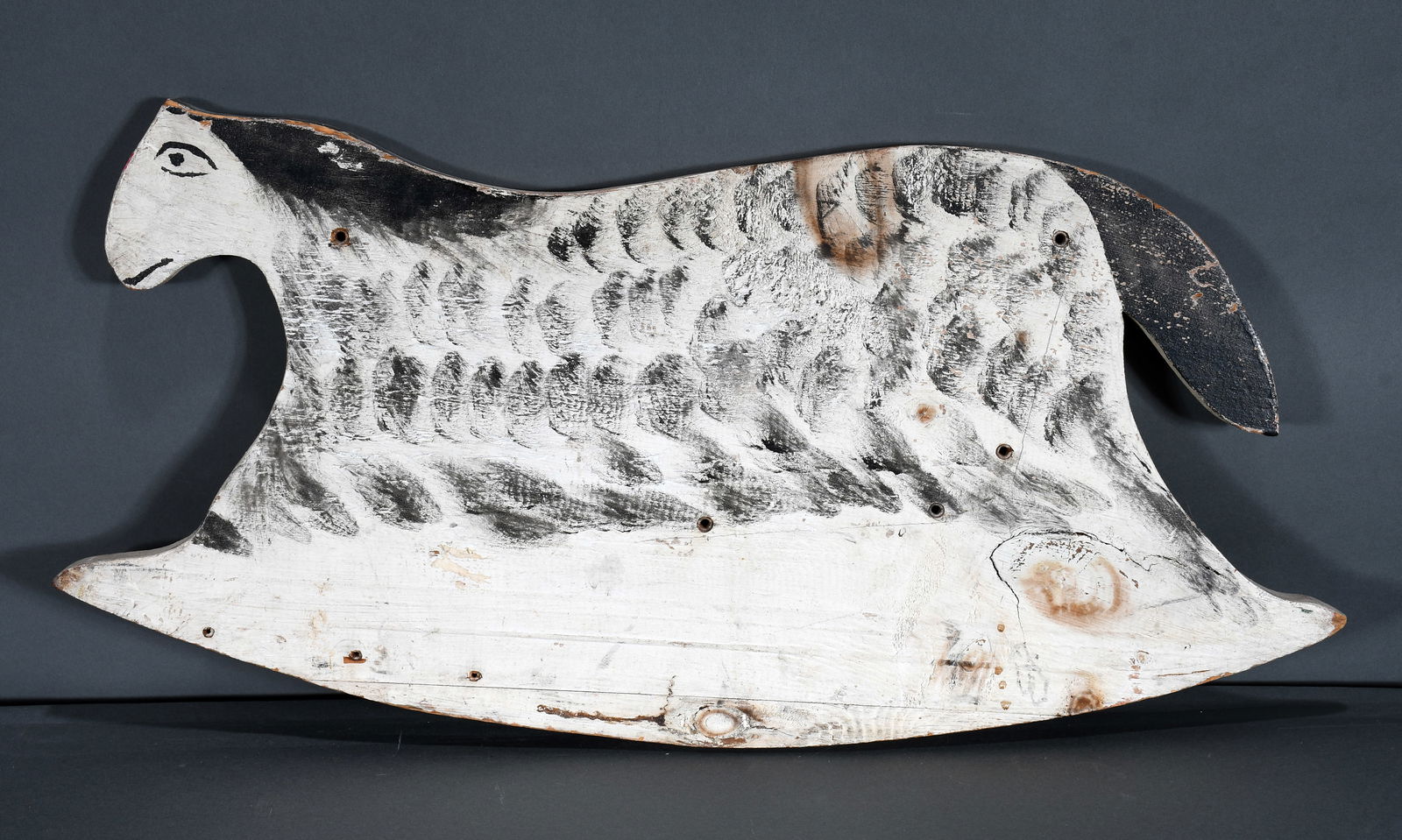 Rocking Horse Side.: Rocking Horse Side. Cut and painted board. Wear and screw holes, otherwise good condition. 27" w x 12" h. Est. $10-25. Ship: $55 Please Read Before You Bid: By registering for and/or placing a bid