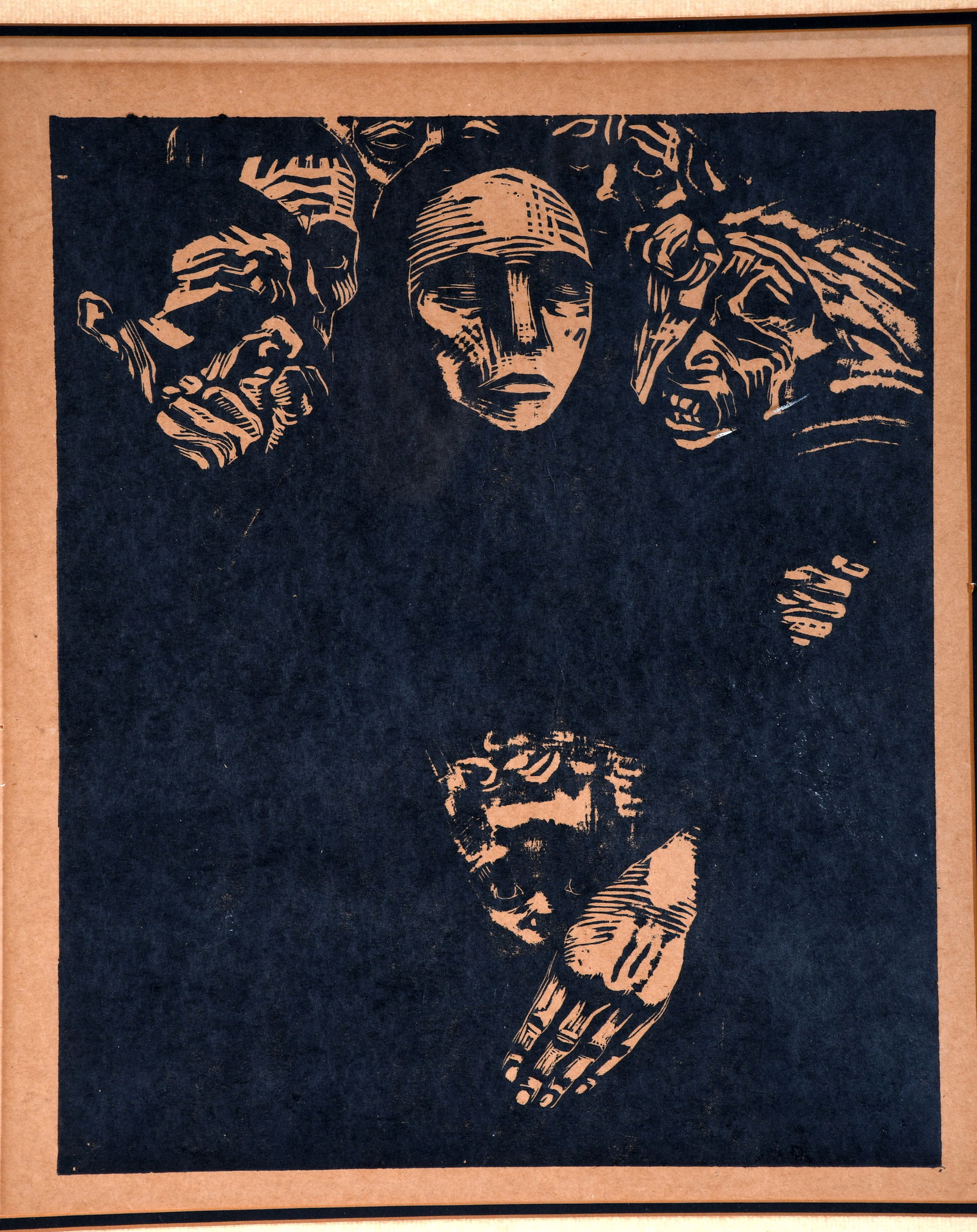 Kathe Kollwitz. Print of Das Volk (The People).: Kathe Kollwitz. Print of Das Volk (The People). Signed and titled on verso. Woodcut print on paper. Expected toning of paper, otherwise excellent condition. Size with frame is 21" w x 27" h. Est.