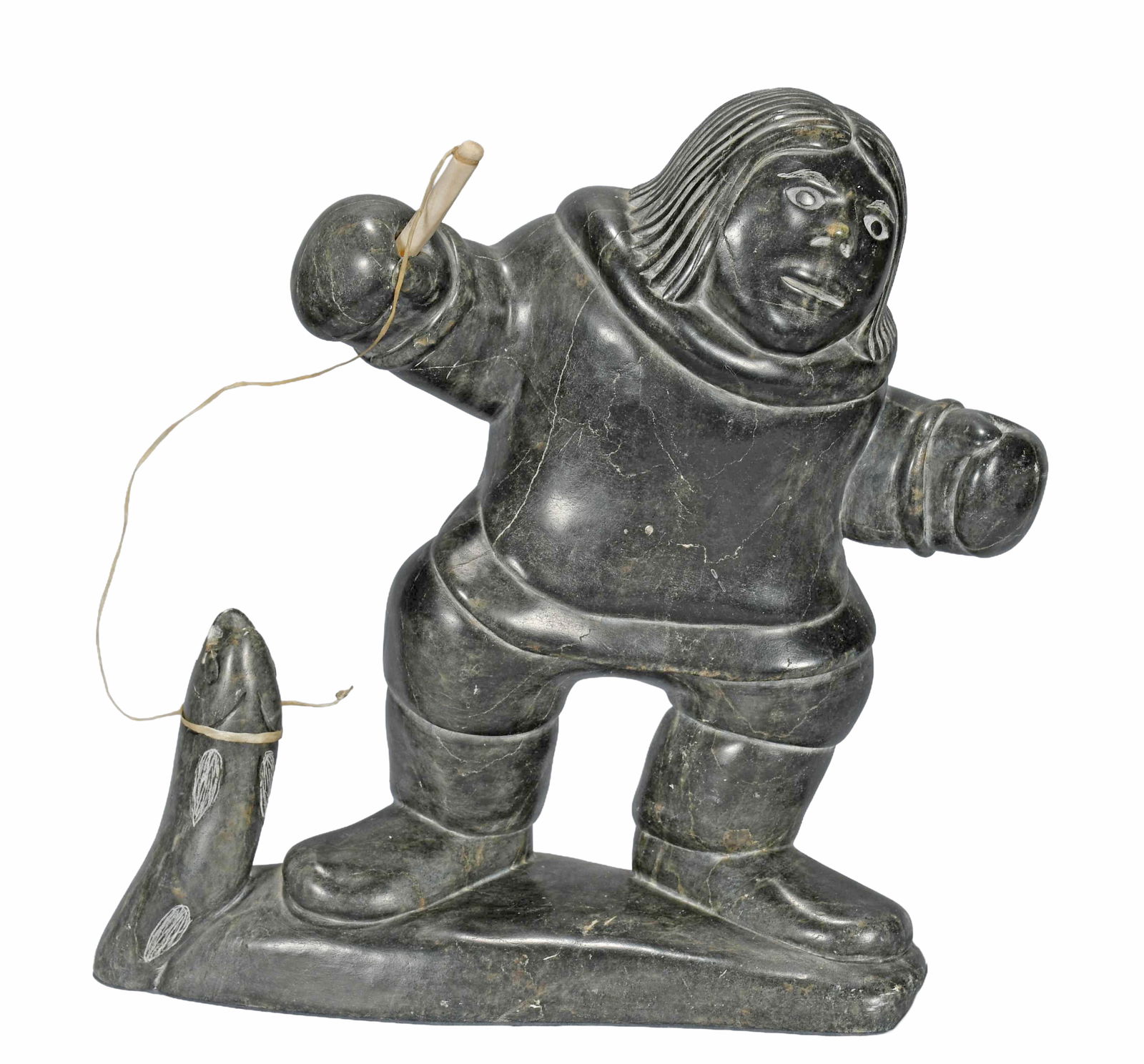 Thomassie Tookalook. Inuit Ice Fishing.: Thomassie Tookalook. Ice Fishing. 1980. Signed and dated. Carved black serpentine. Excellent condition. 9" w x 10" h. Est. $100-300. Ship: $85 Please Read Before You Bid: By registering for and/or