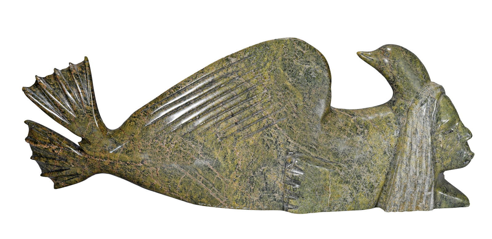 Transformation of Inuit Mermaid, Seal and Bird.: Unknown. Transformation of Mermaid, Seal and Bird. Not signed. Tri colored carved serpentine. Excellent condition. 20" w x 7" h. Est. $100-300. Ship: $125 Please Read Before You Bid: By