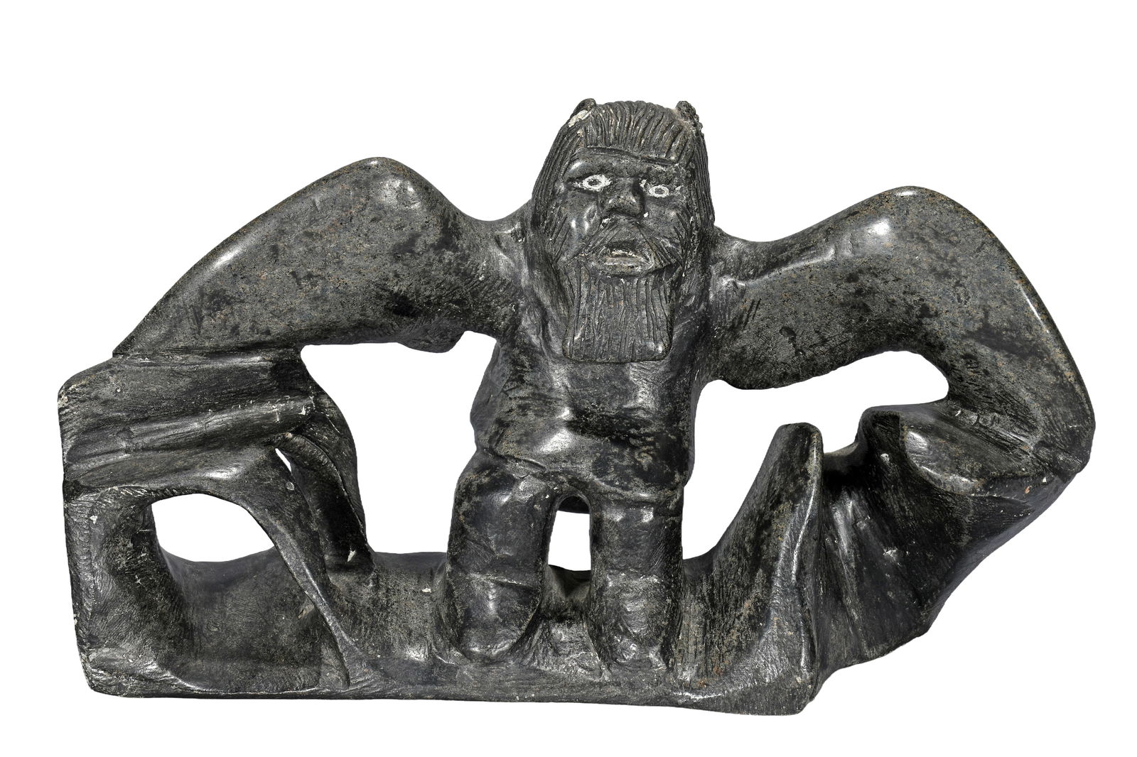 Inuit Anthorpomorphic Man Owl.: Inuit. Anthropomorphic Man Owl. 1987. Signed and dated. Carved dark serpentine. Excellent condition. 15" w x 9" h. Est. $100-300. Ship: $85 Please Read Before You Bid: By registering for and/or