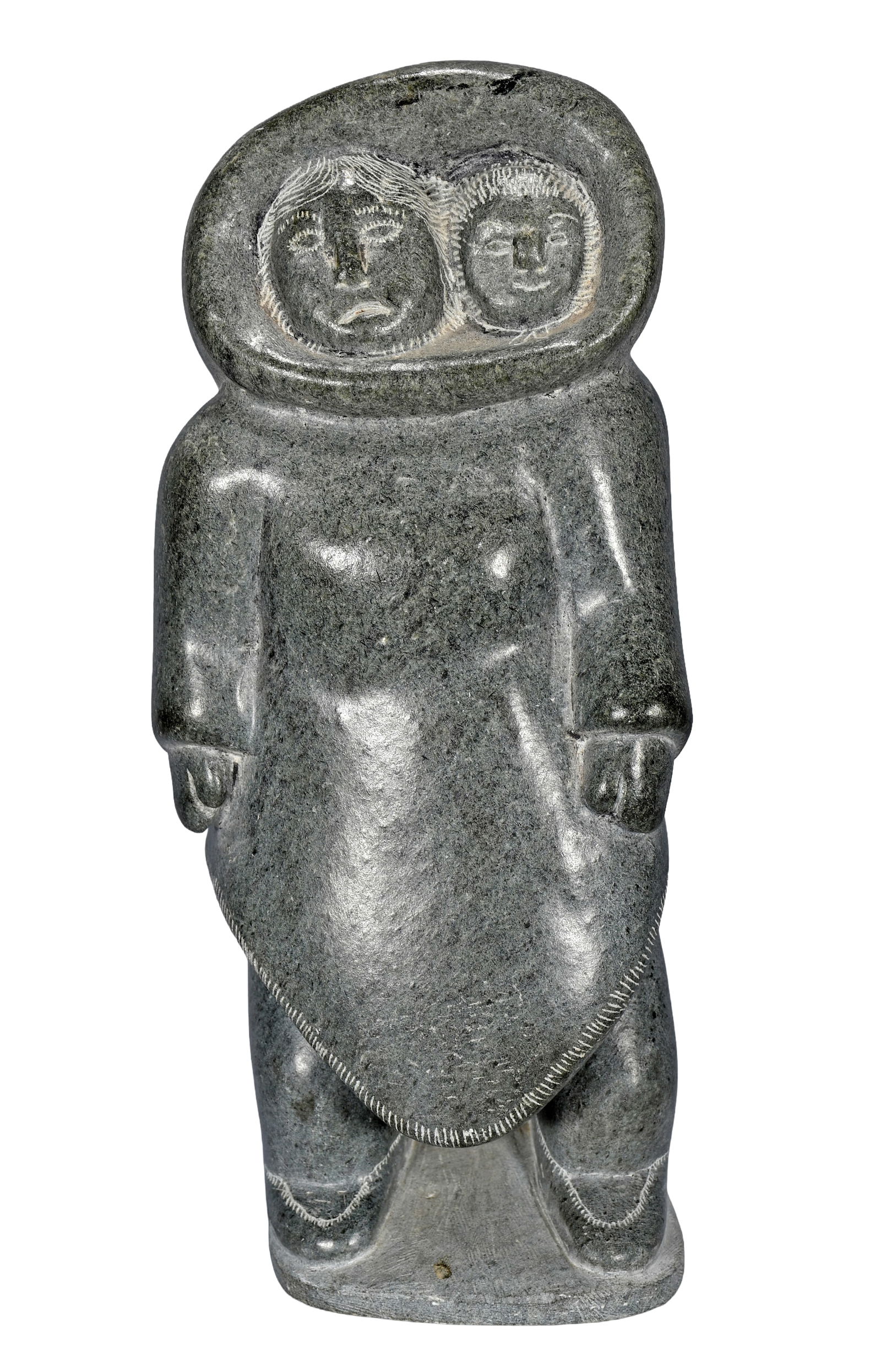 Inuit Mother and Child Sharing a Parka.: Inuit. Mother and Child Sharing a Parka. 1977. #8-00790. Initialed, dated and numbered. Carved granite. Excellent condition. 5" w x 11" h. Est. $100-300. Ship: $85 Please Read Before You Bid: By