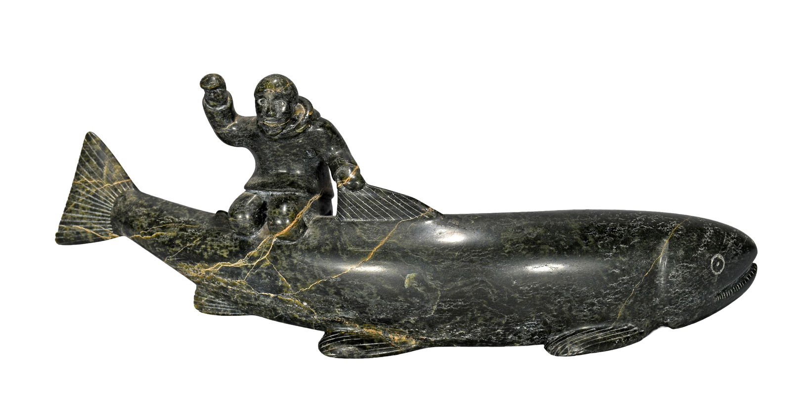 Inuit Man Riding Pink Salmon God.: Inuit. Man Riding Pink Salmon God. Not signed. Carved serpentine. Excellent condition. 16" w x 6" h. Est. $100-300. Ship: $85 Please Read Before You Bid: By registering for and/or placing a bid in