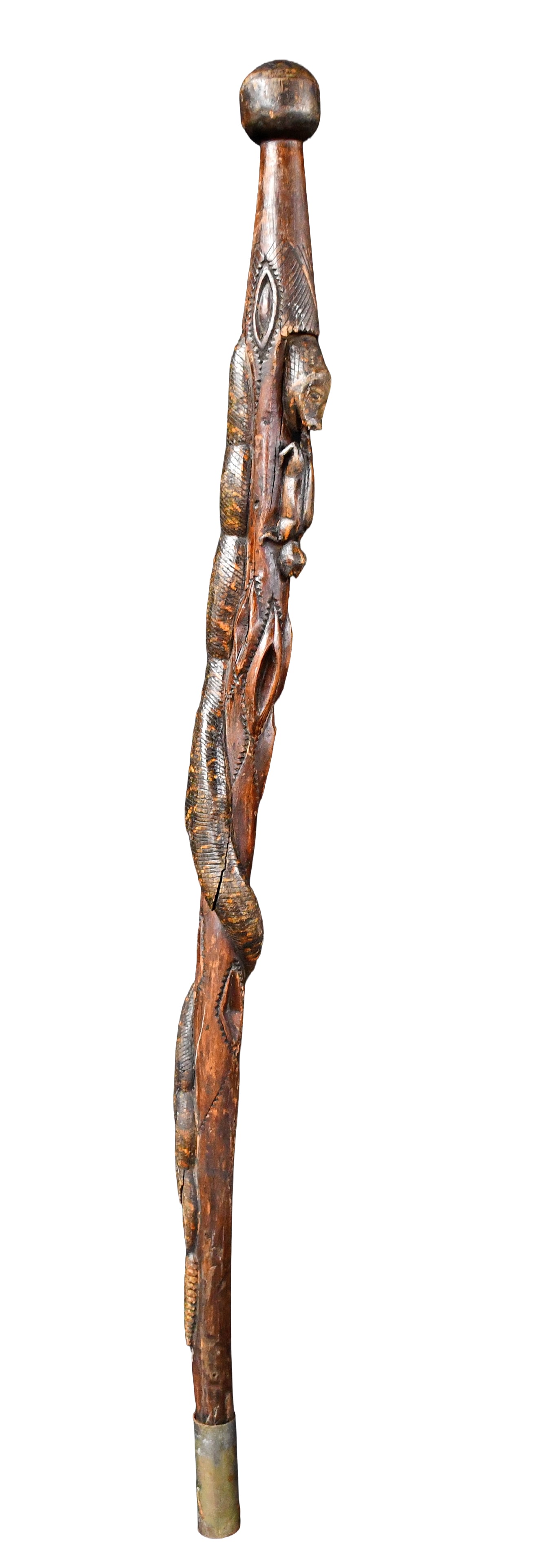 Snake Eating Frog Cane.: Anonymous. Snake Eating Frog Cane. c. 1890s. Not signed. Carved and varnished wood. Minor wood shrinkage on snake, otherwise good to fair condition. 33" h. Est. $200-300. Ship: $55 Please Read Before