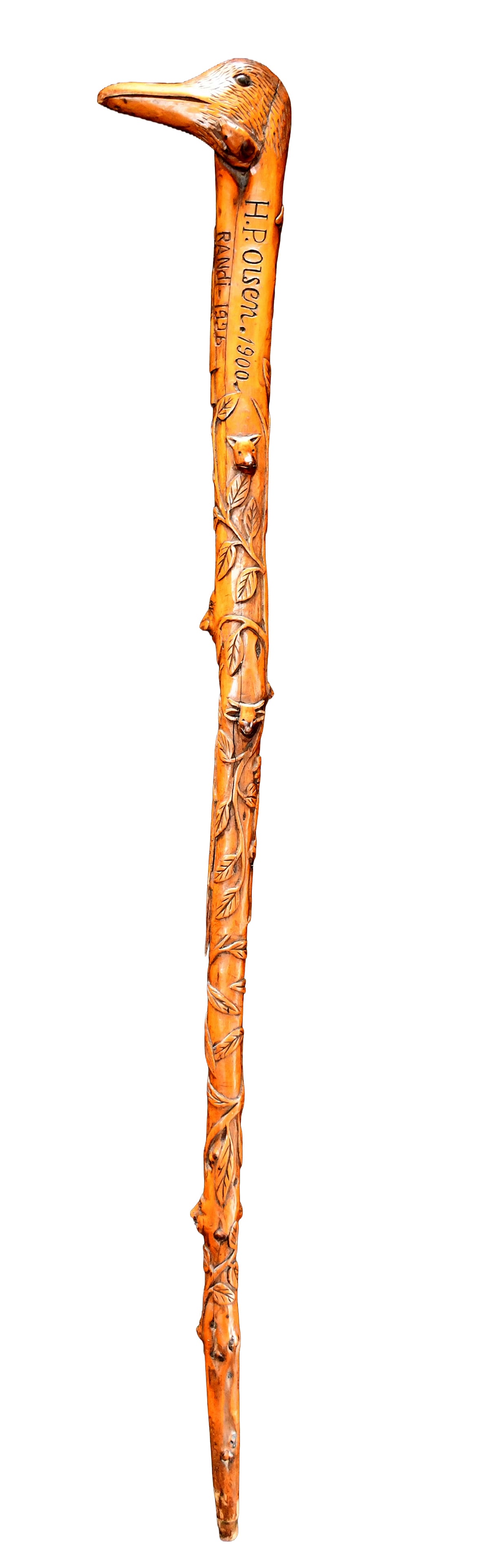 H.P. Olsen. Highly Carved Duck Head Cane.: H.P. Olsen. Highly Carved Duck Head Cane. c. 1900. Signed and dated. Carved and stained wood. Excellent condition. 35" h. Est. $500-800. Ship: $65 Please Read Before You Bid: By registering for and/or