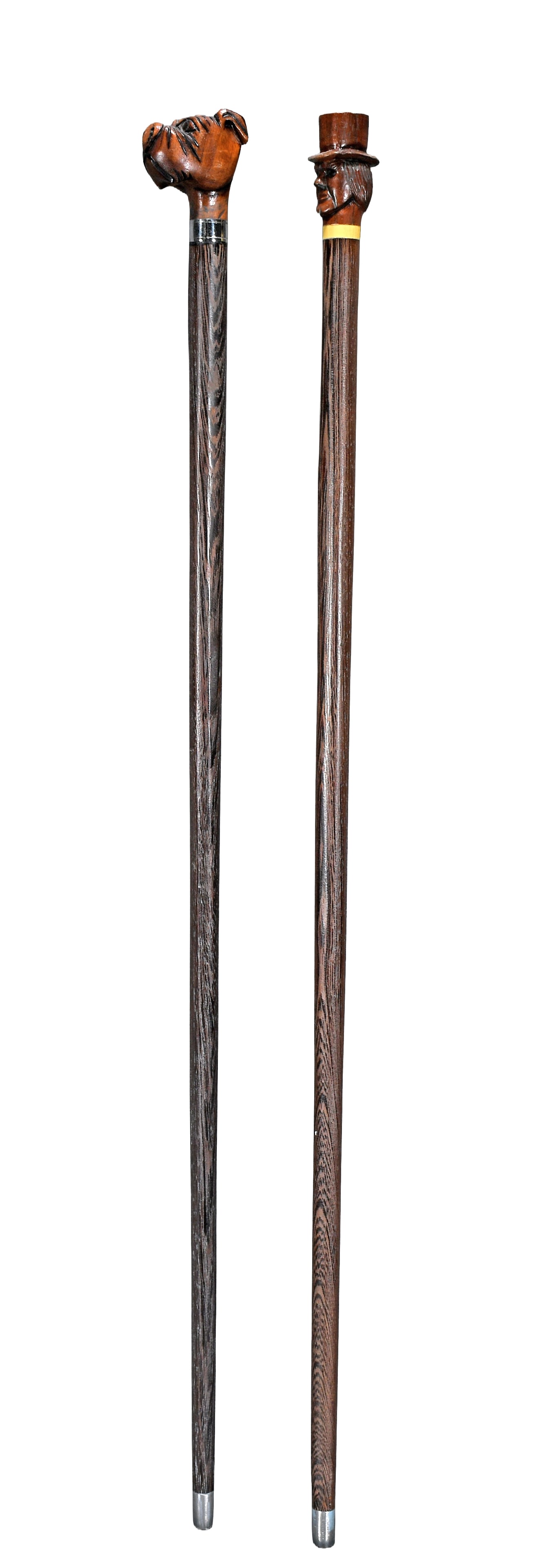 ABulldog and Man Pill Top Walking Canes.: Anonymous. Bulldog and Man Pill Top Walking Canes. Carved and stained wood with metal trim. Excellent condition. Average size is 37" h. Est. $200-300. Ship: $65 Please Read Before You Bid: By