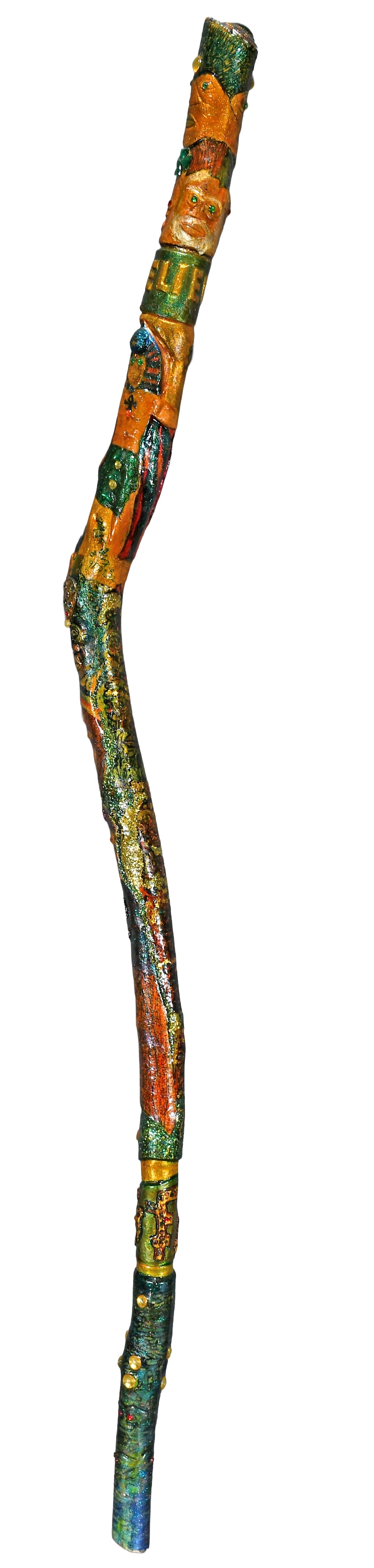 Patrick Linier. Believe Staff.: Patrick Linier. Believe Staff. 1992. Signed, titled and dated. Carved and painted wood with glitter and costume jewelry. Excellent condition. 55" h. Provenance: Obtained from artist. Est. $100-200.