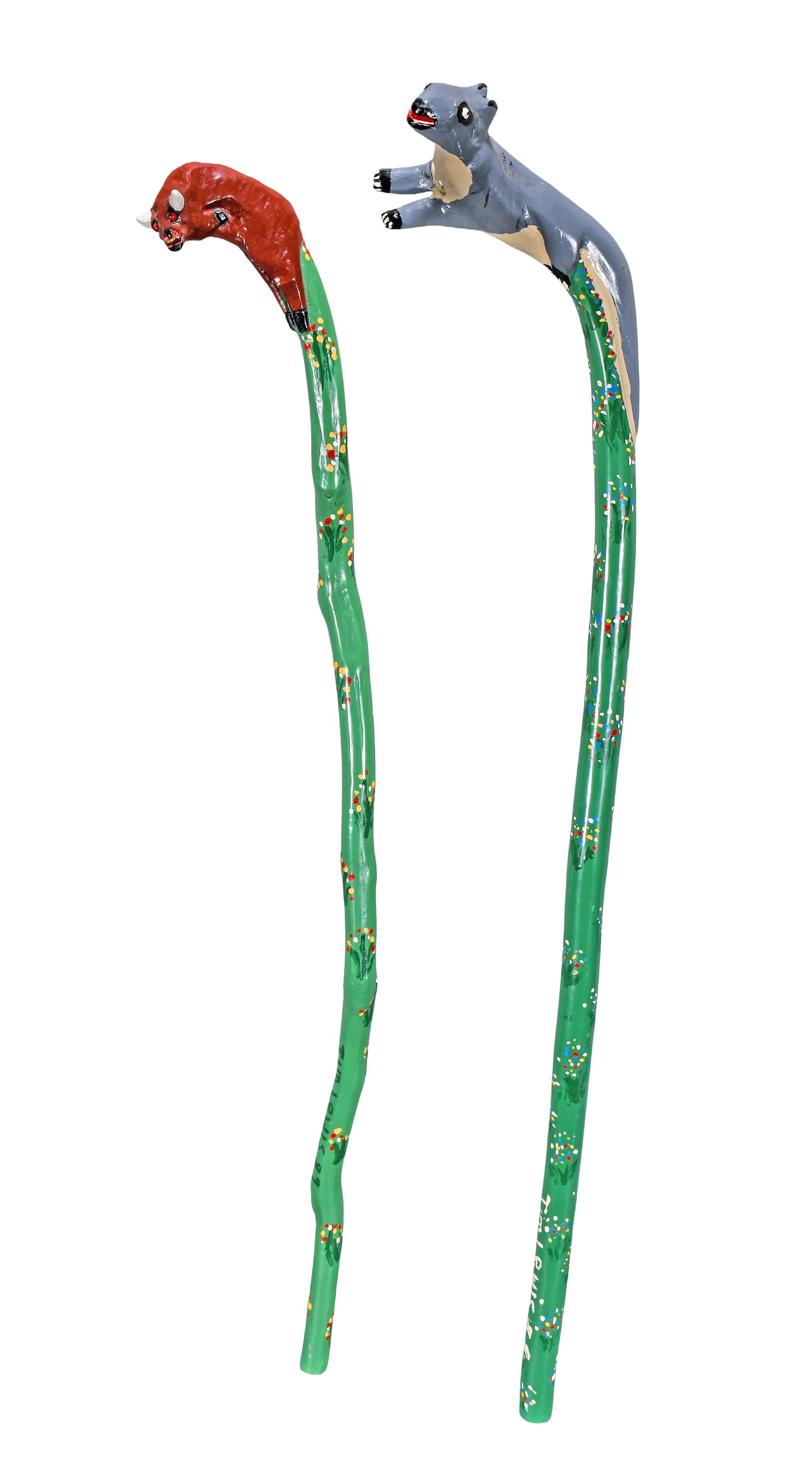 Tim Lewis. Pair of Animal Head Canes.: Tim Lewis. Pair of Animal Head Canes. 1988-89. Signed and dated. Carved and painted wood. Excellent condition. Largest is 40" h. Est. $100-200. Ship: $75 Please Read Before You Bid: By registering