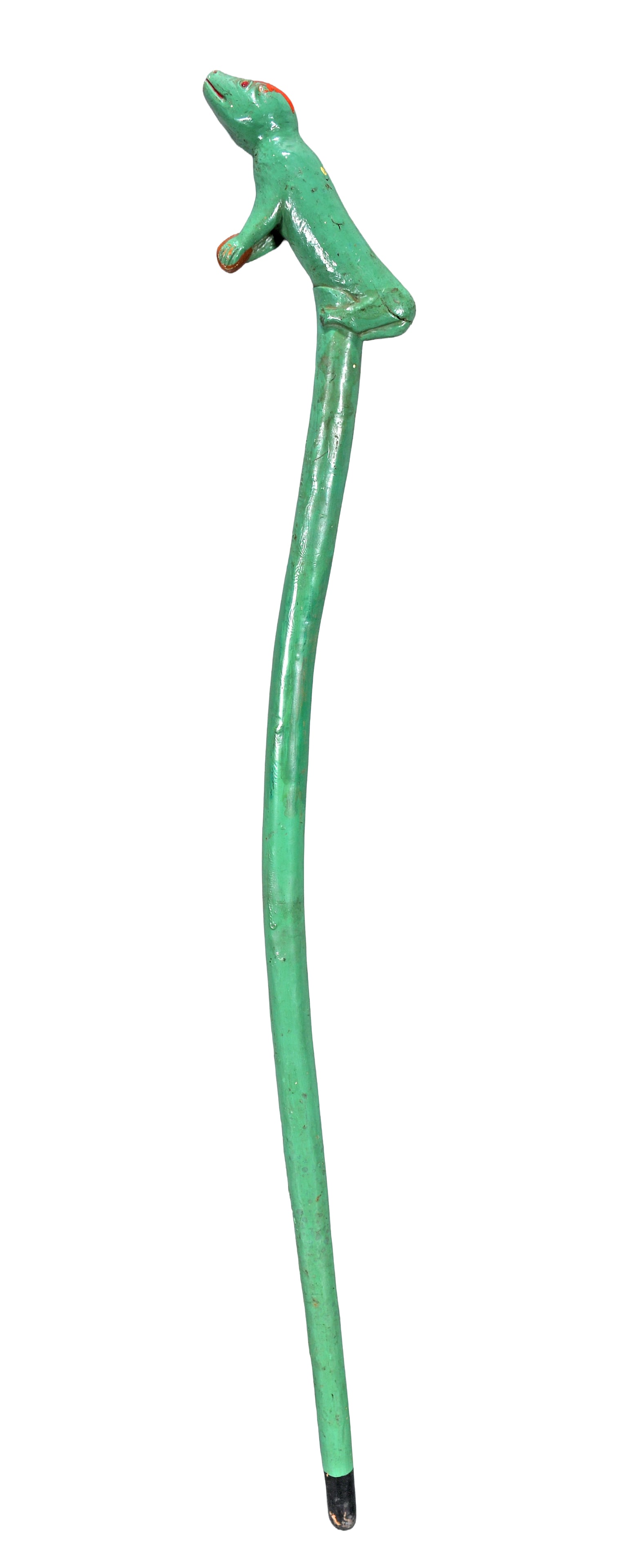 Tim Lewis. Green Dog and Football Cane.: Tim Lewis. Green Dog and Football Cane. Appears to be an early example. Carved and painted wood. Natural wood split at head otherwise good condition. 33.5" h. Provenance: Aarne Anton. Est. $100-200.