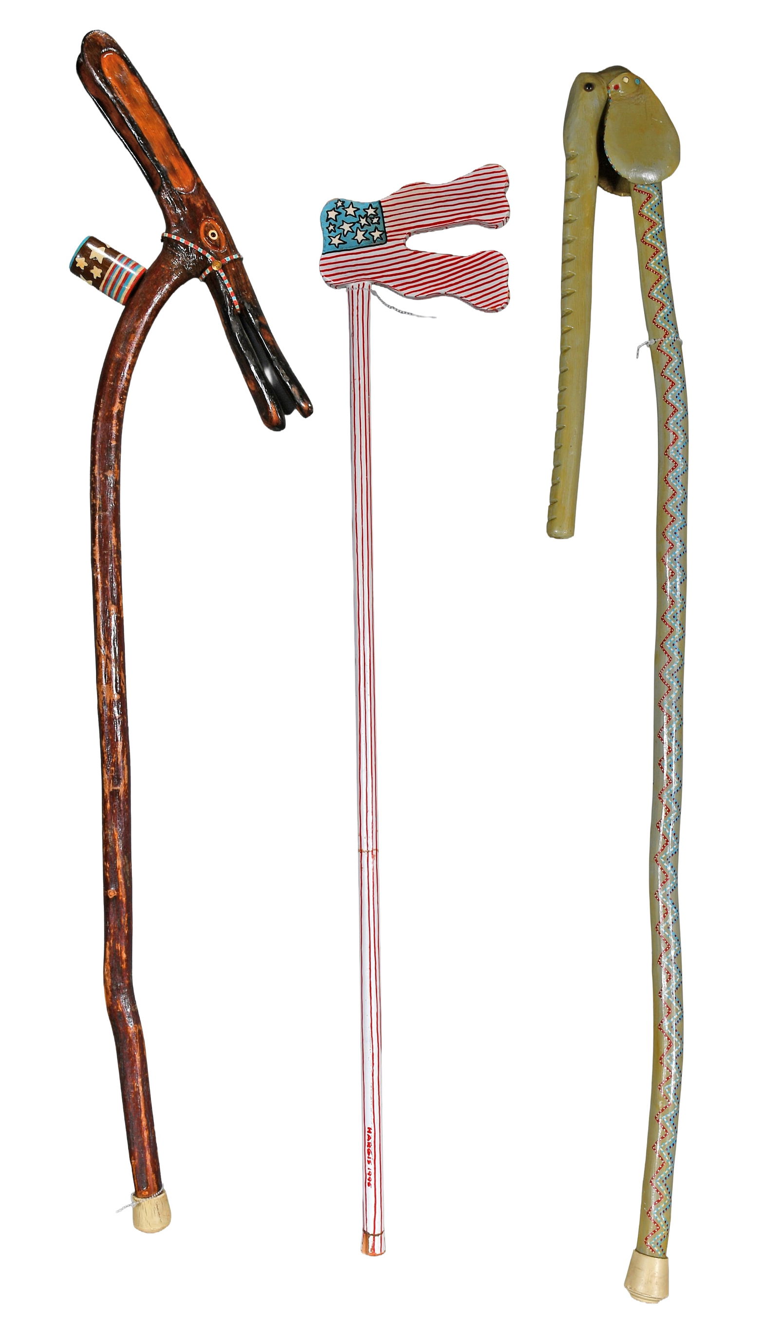 Hargis. Democratic, Republican & Am. Flag Patriotic Canes. 1995.: Hargis. Three Patriotic Canes. Democratic, Republican and American Flag. 1995. The American Flag Cane is signed and dated. Flag cane has two breaks and repairs. Largest is 43" h. Est. $100-200. Ship: