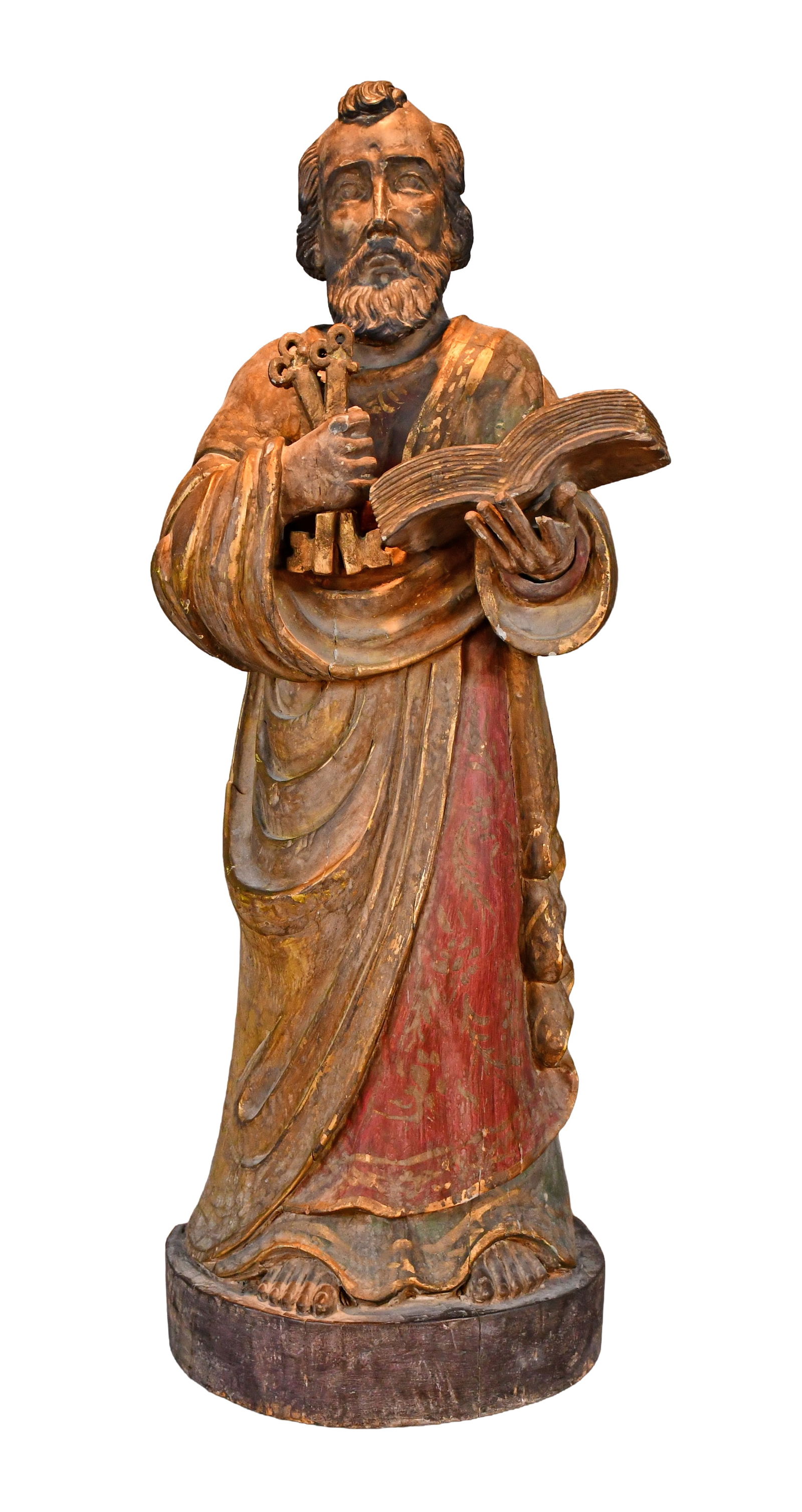 Saint Peter the Apostle.: Anonymous. Saint Peter the Apostle. Carved and painted wood. Missing one finger. Natural wood split on side. Paint is faint and worn in some areas. Overall great condition. Very heavy wood. 32" h.