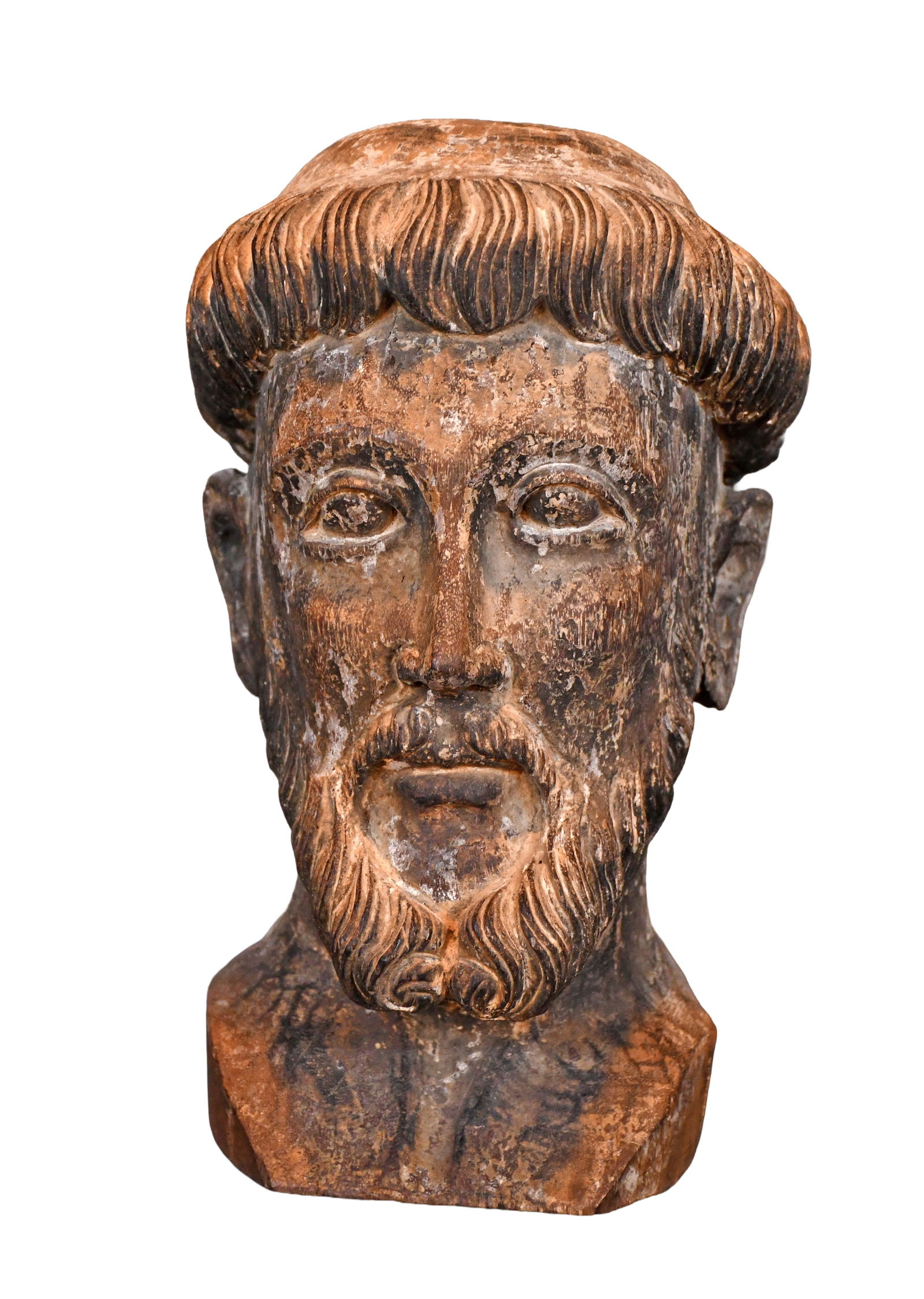 Friar Bust.: Anonymous. Friar Bust. Carved dense wood. May have had paint and gesso at one point but has been removed. Loss at back of neck base, otherwise good environmental condition. 12" h. Est. $200-400.