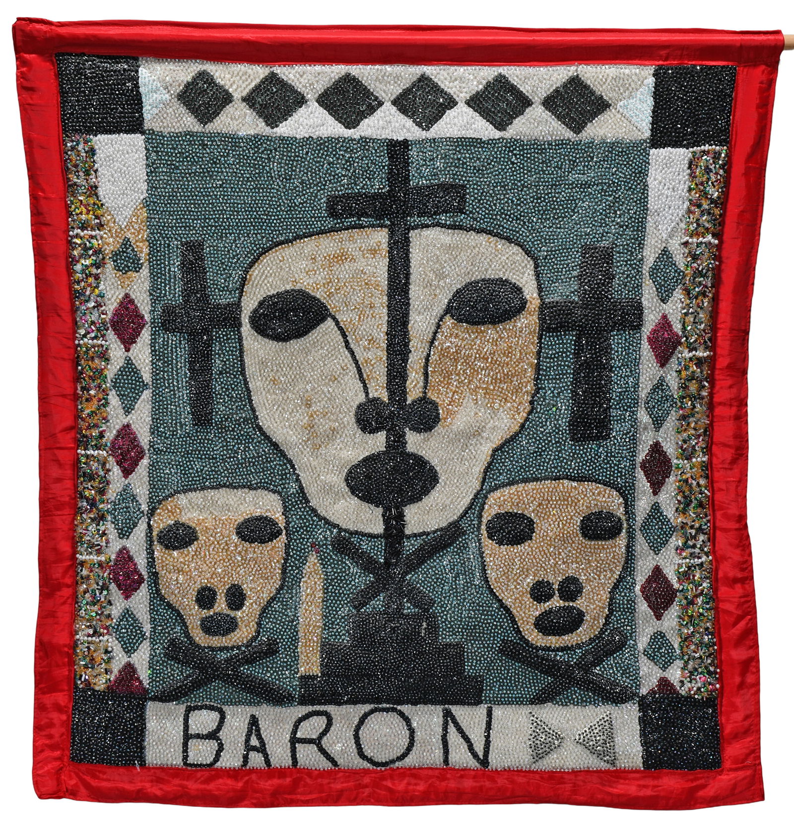 Baron. Haitian Vodou Flag.: Baron. Haitian Vodou Flag. Heavily-beaded and sequins backed to rayon. Slight staining throughout, otherwise good condition. 29" w x 31" h. Est. $200-400. Ship: $45 (rolled). Please Read Before You