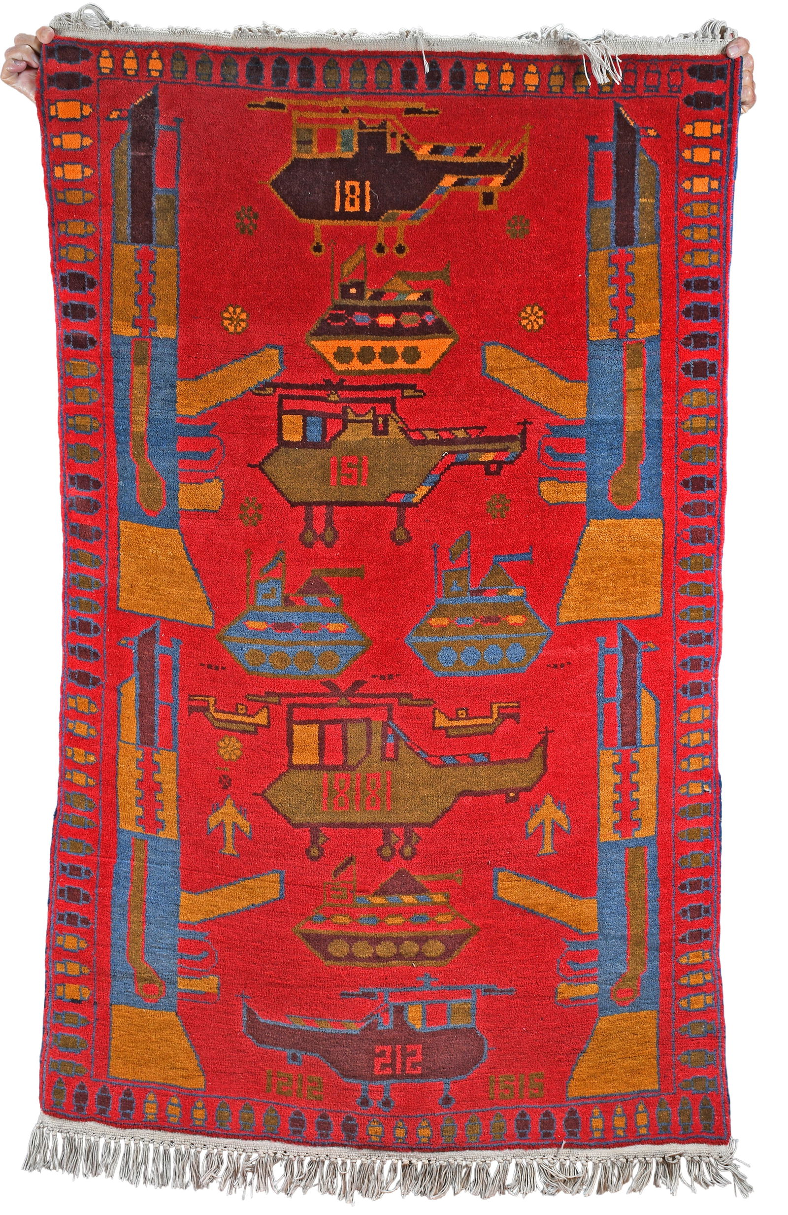 Afghan War Rug.: Anonymous. Afghan War Rug. Wool and cotton. Excellent condition with vibrant colors. 39" w x 66" h. Est. $300-500. Ship: $65 rolled. Please Read Before You Bid: By registering for and/or placing a