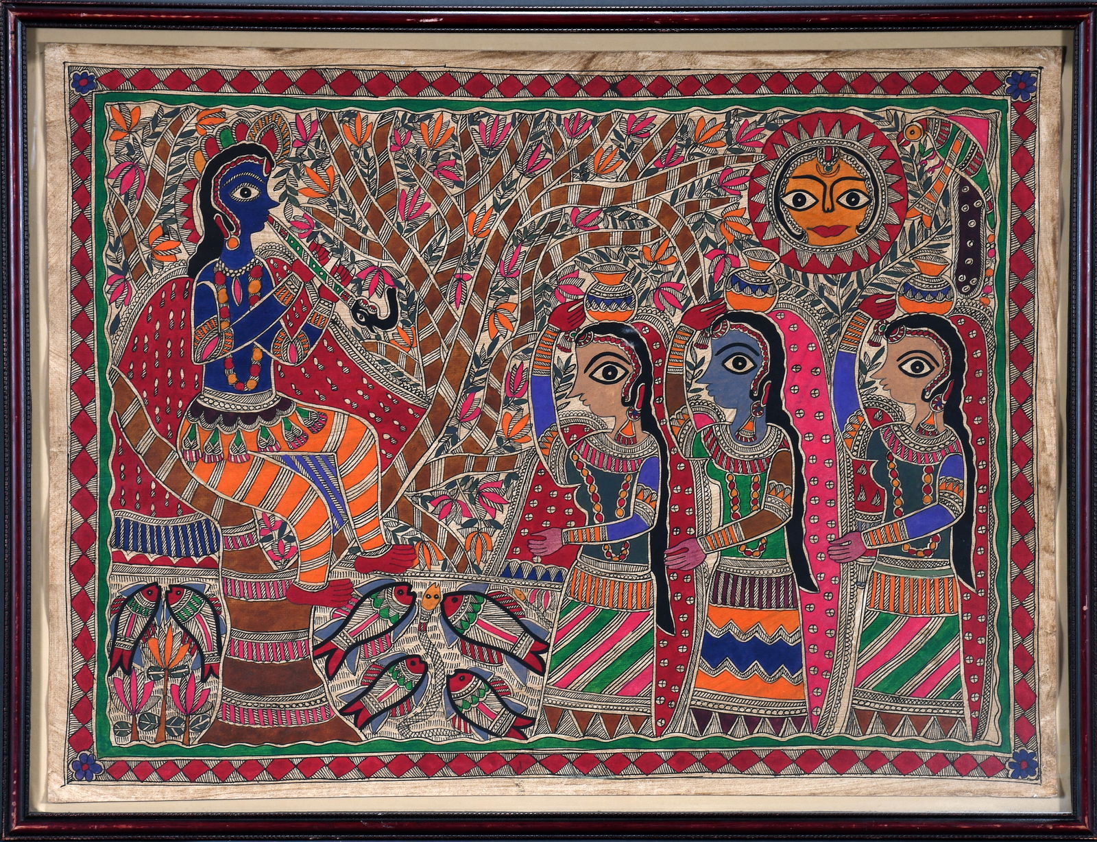 Hira Devi. Untitled (Flute Player).: Hira Devi. Untitled (Flute Player). Not signed or dated. Ink on paper. Size with frame is 32" w x 24" h. Provenance: Phyllis Kind Gallery. Est. $100-200. Ship: $125 Please Read Before You Bid: By