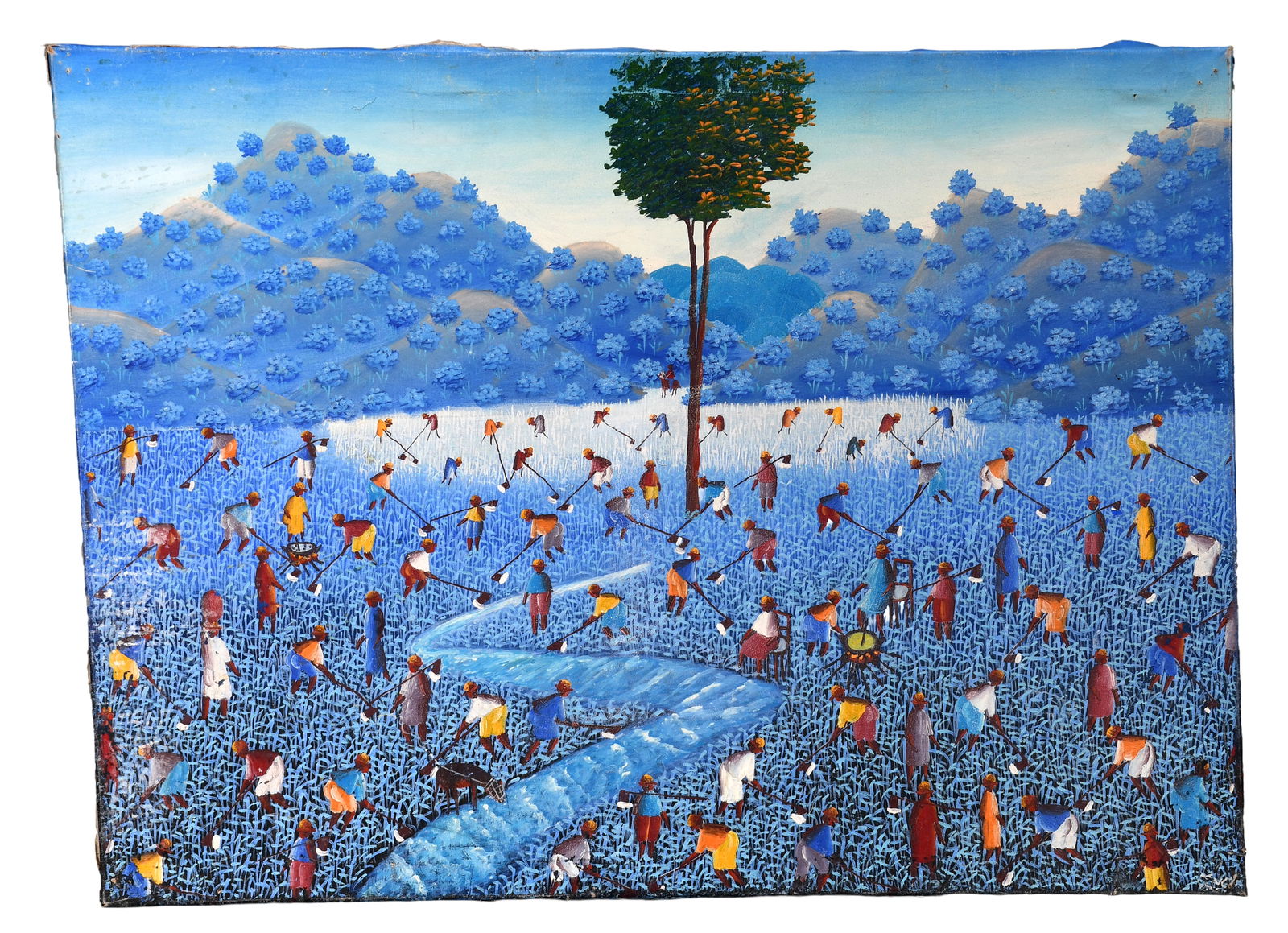 Haitian. Working in the Fields.: Haitian. Working in the Fields. Signed. Paint on canvas. Minor pin holes and creases, overall good condition. 31" w x 24" h. Est. $50-100. Ship: $85 Please Read Before You Bid: By registering for