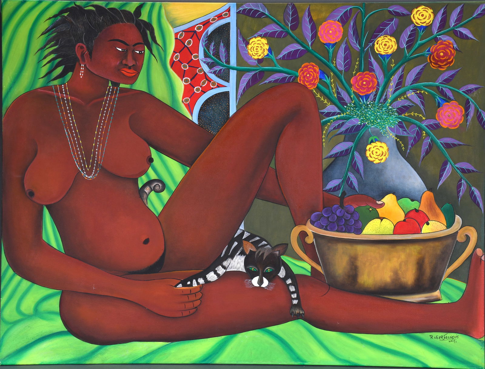 Roger Francois. Nude with Cats and Flowers.: Roger Francois. Nude with Cats and Flowers. 2002. Signed, dated and titled. Acrylic on canvas. Excellent condition. 40" w x 30" h. Est. $300-500. Ship: $300 Please Read Before You Bid: By