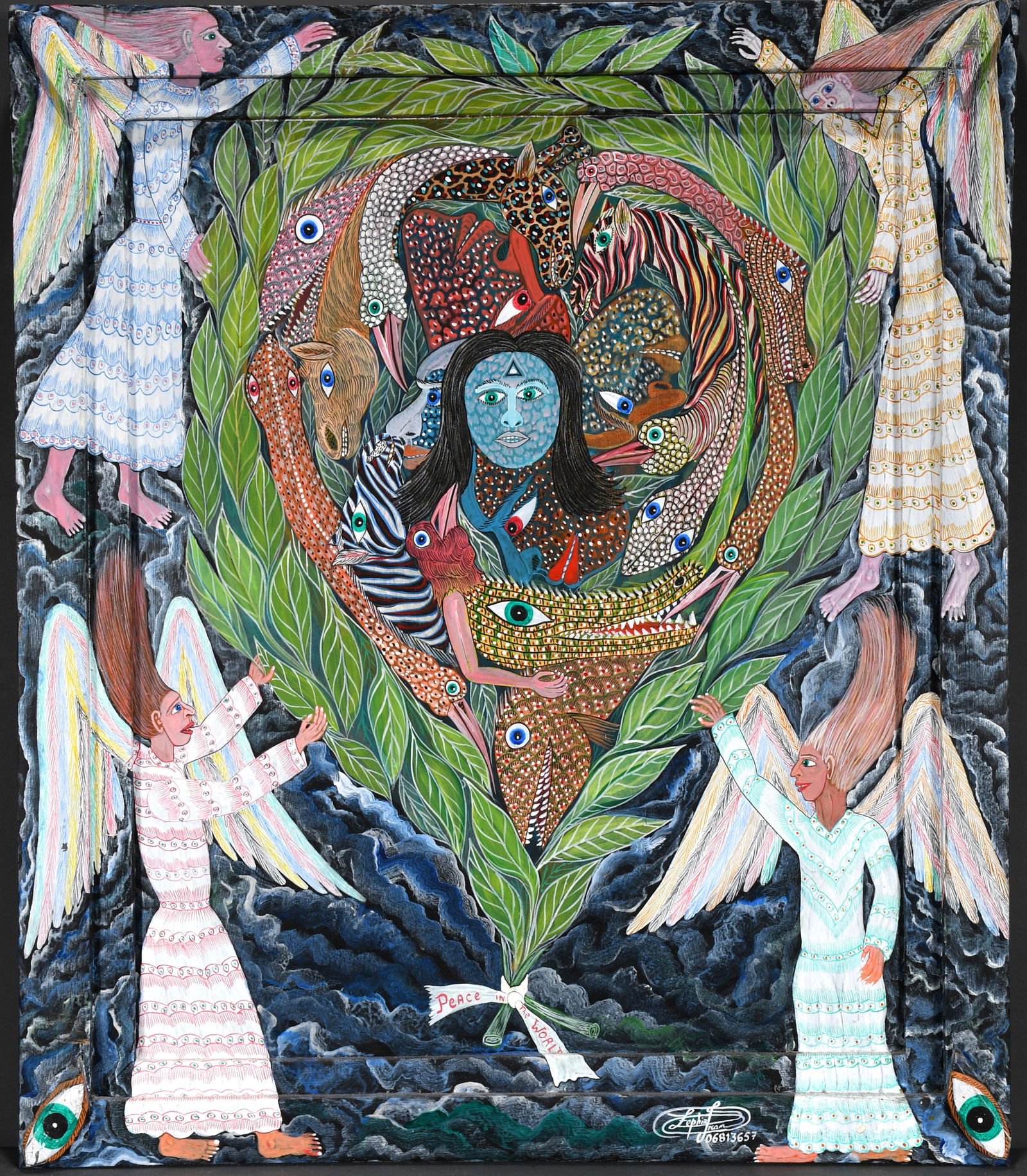 Lephia Fran. Peace in the World.: Lephia Fran. Peace in the World. Signed and titled. Paint on Masonite with artist decorated frame. Excellent condition. Size with frame is 25" w x 29" h. Est. $300-500. Ship: $75 Please Read Before