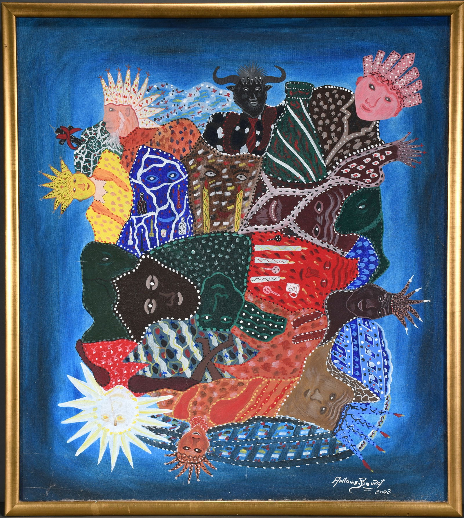 Antoine Bourot. Faces.: Antoine Bourot. Faces. 2002. Signed and dated. Oil on canvas. Excellent condition. Size with frame is 26" w x 29" h. Est. $200-300. Ship: $65 Please Read Before You Bid: By registering for and/or