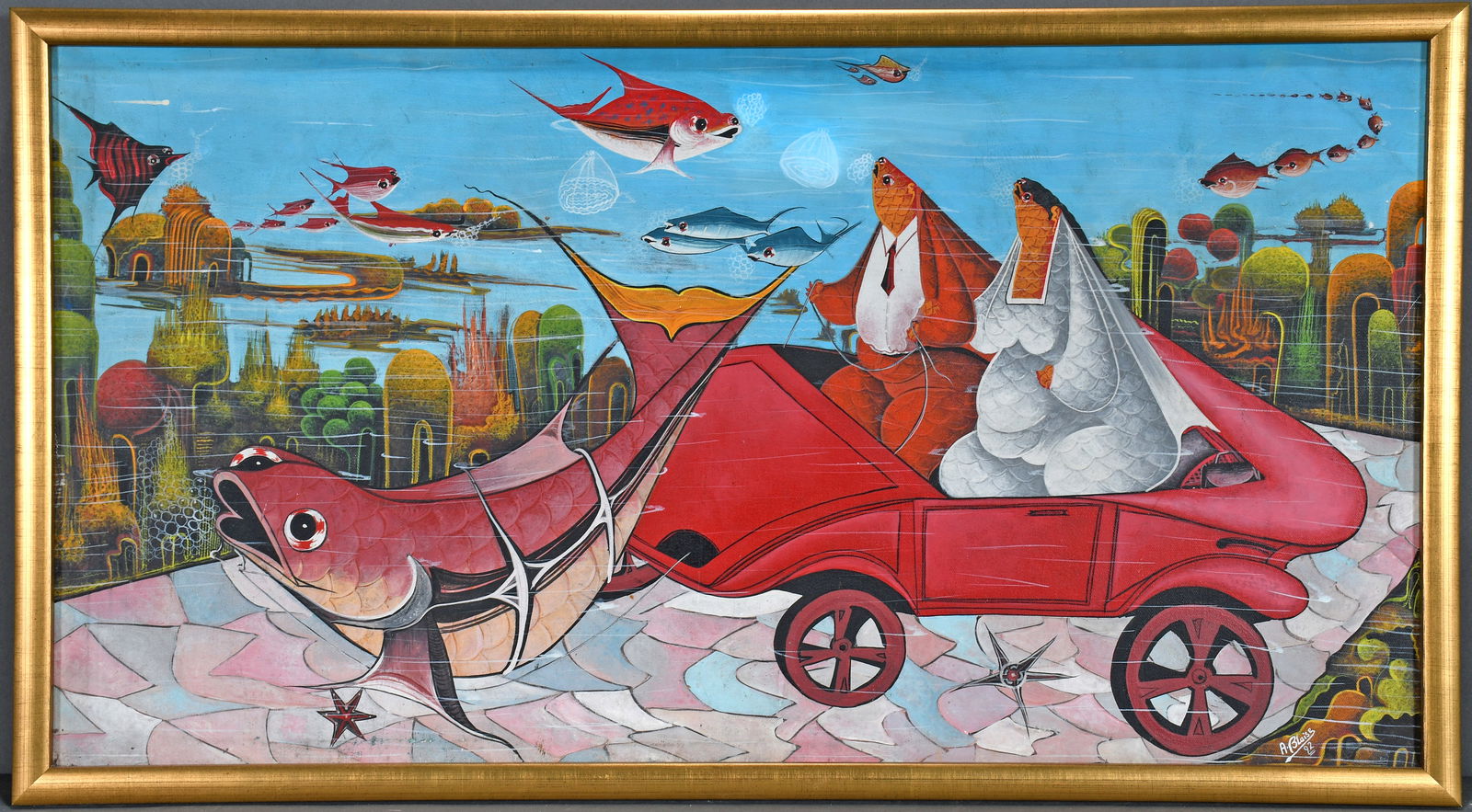 A. Blaise. Off to the Honeymoon.: A. Blaise. Off to the Honeymoon. 1992. Signed and dated. Paint on canvas. Previous repair top center, otherwise good condition. Size with frame is 31" w x 17" h. Est. $25-50. Ship: $75 Please Read