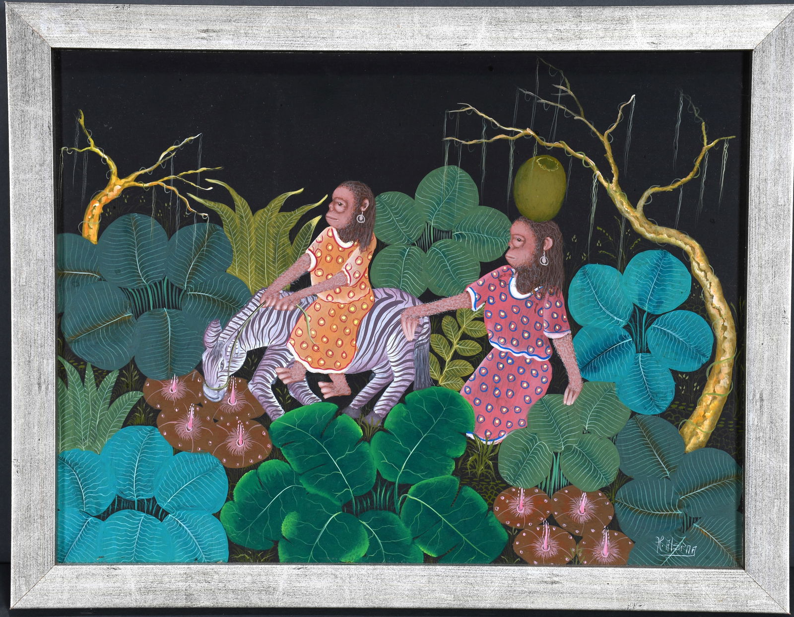 H. Alsina. Jungle Scene with Females.: H. Alsina (Signature not legible). Jungle Scene with Females. Signed. Paint on board. Excellent condition. Size with frame is 18" w x 14" h. Est. $25-50. Ship: $45 Please Read Before You Bid: By