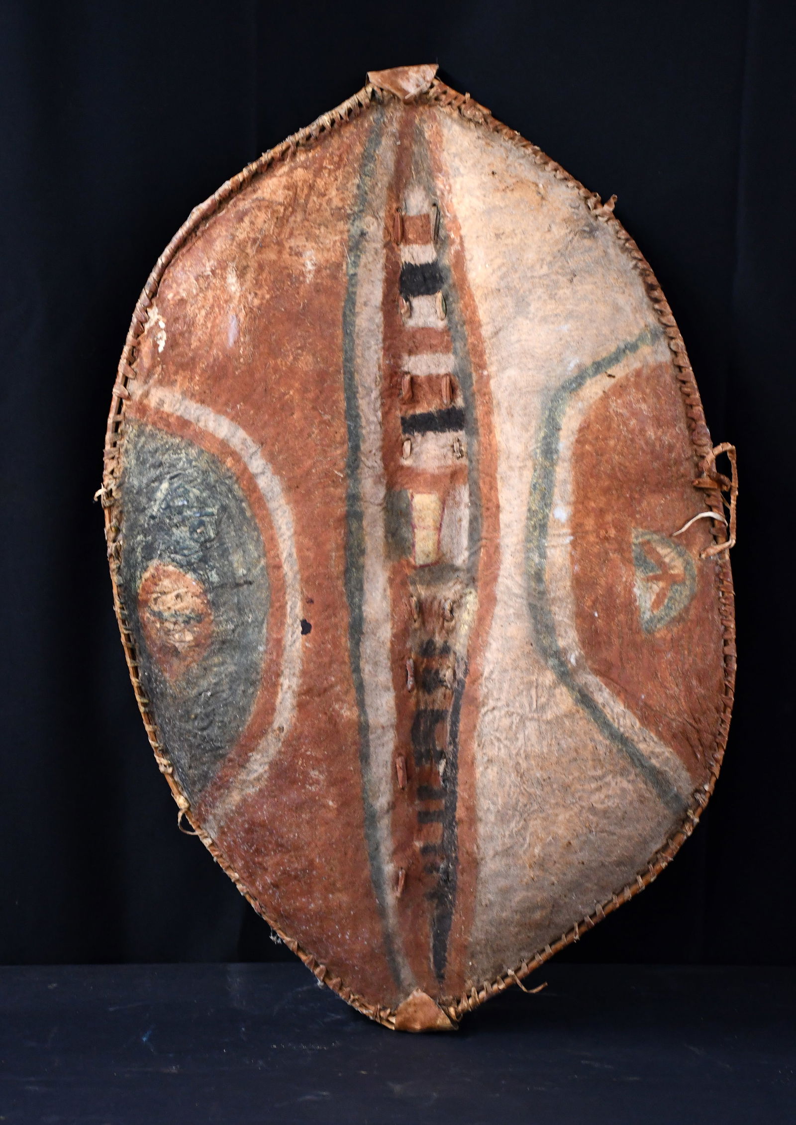 African Shield.: African Shield. Natural hide with wood and pigment. Great condition. 20" w x 31" h. Est. $200-300. Ship: $150 Please Read Before You Bid: By registering for and/or placing a bid in any Slotin Auction,