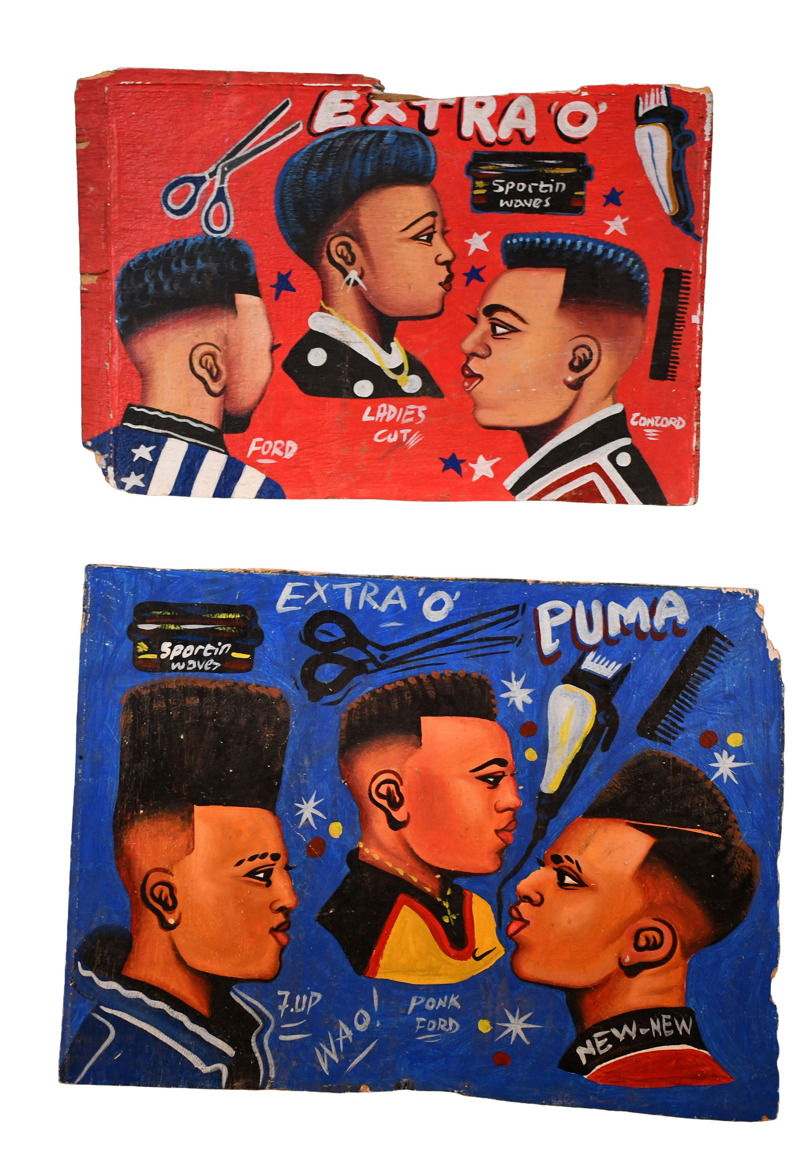 Pair of African Hair Signs From Ghana.: Pair of African Hair Signs From Ghana. Paint on found board. Environmental use and wear. Loss of edges and paint. Overall fair condition. 33" x 23" average size. Est. $200-300. Ship: $100 Please