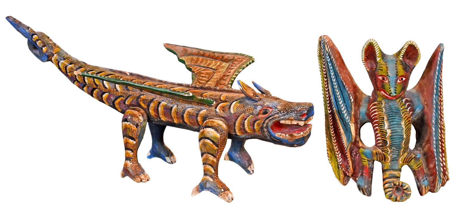 Serpent and Bat.: Anonymous. Winged Serpent and Bat. Carved and painted light weight wood. Great condition. Largest is 32" long. Est. $200-300. Ship: $150 Please Read Before You Bid: By registering for and/or