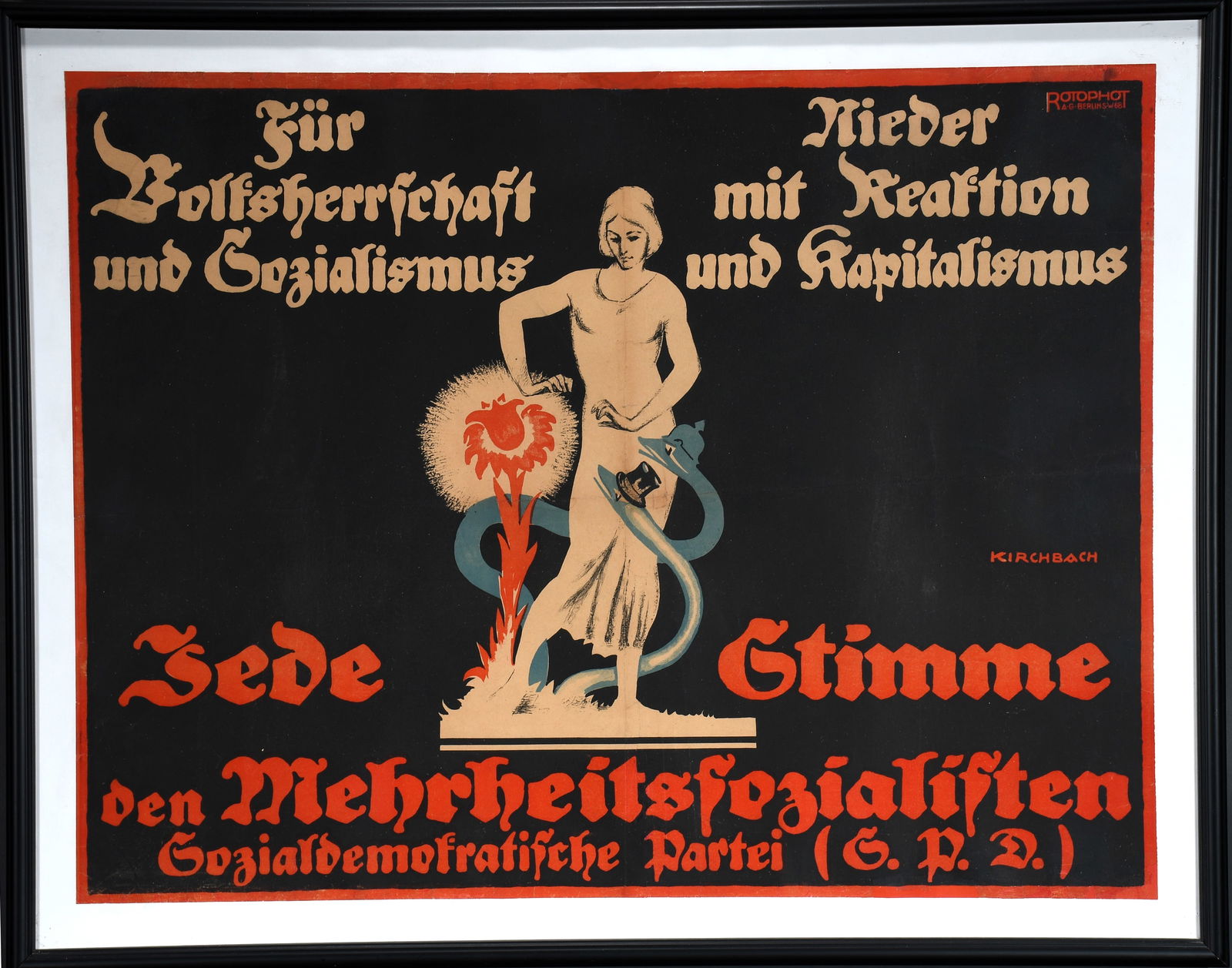 Fritz Gottfried Kirchbach. Jede Stimme.: Fritz Gottfried Kirchbach. Jede Stimme (c. 1918)... Signed and titled. Print by Rotophot A.G. Berlin. Color lithoprint on paper. Creases in center from original folding, otherwise excellent