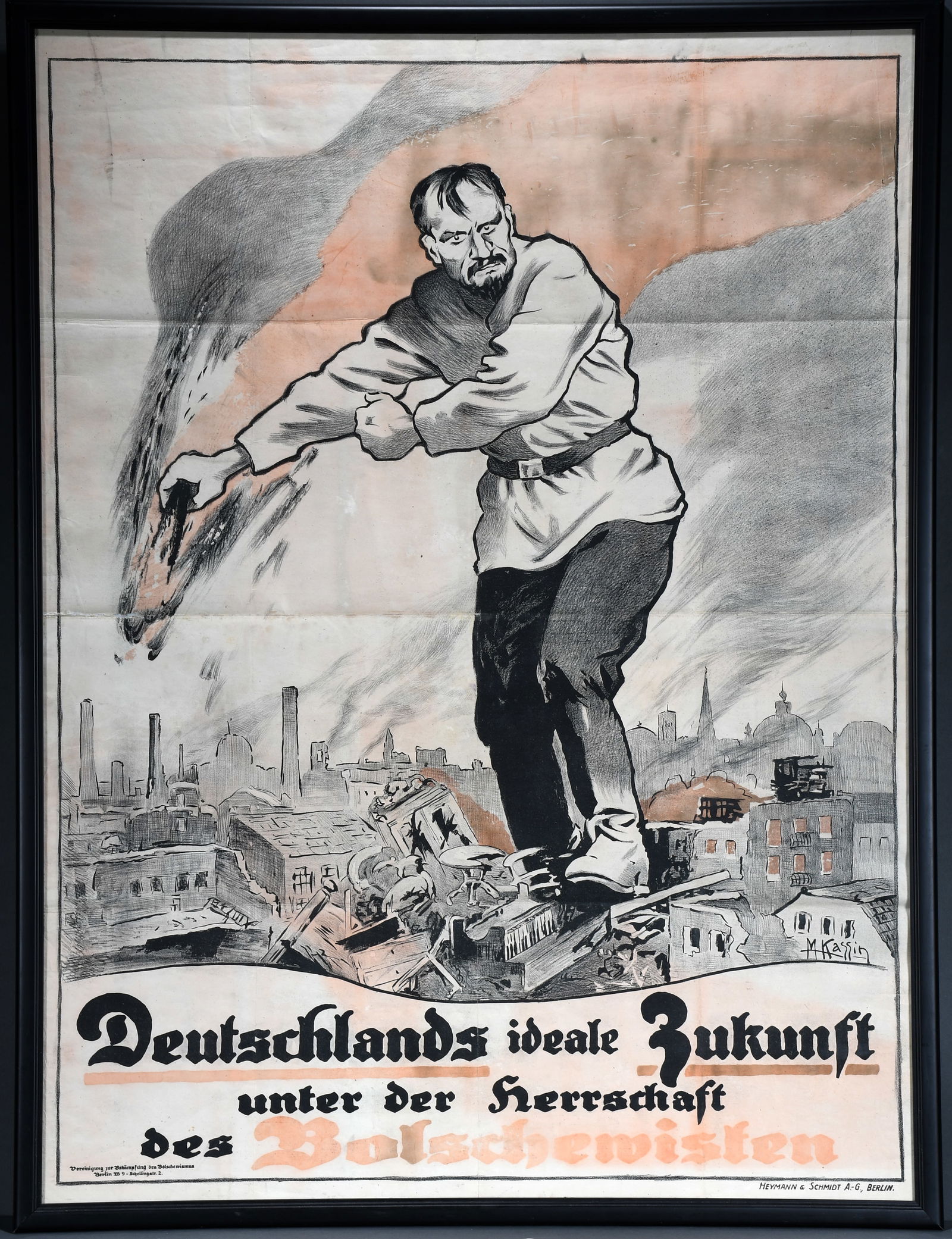 M. Kassin. German Ideal Future Under Control of Bolshevism Poster.: M. Kassin. Deutschlands ideale Zukunft unter der Herrschaft des Bolschewisten. c. 1919. Signed and titled. Print by Heymann and Schmidt. Color lithoprint on paper. Professionally backed on linen,