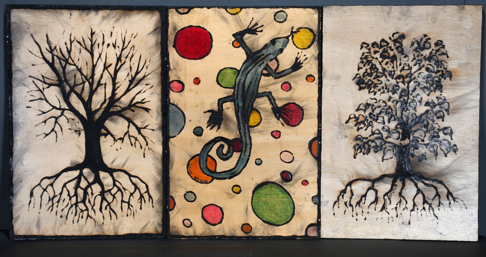 Billy Keith. Three Works. Solar Combustion Art on board. (1 of 2)