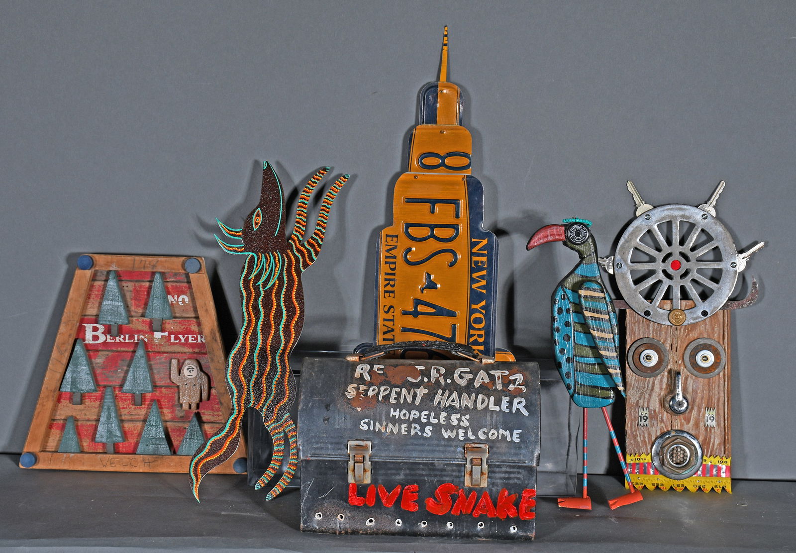 Jim Shores, Crawford, Moon, Tobias. 6 Works.: Jim Shores, Crawford, Moon, Tobias and Others. Group Lot of Six Works. Paint and mixed media constructions. Excellent condition. Average height is 15" h. Proceeds from this lot benefit the Paradise Ga