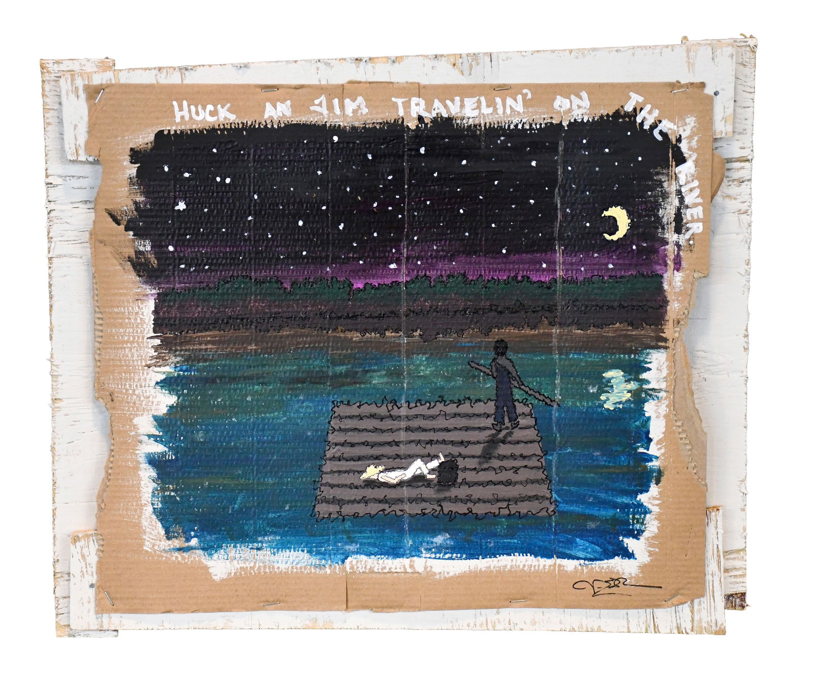 Victor Ezquerra. Huck and Jim.: Victor Ezquerra. Huck and Jim. Signed and titled. Paint on cardboard backed to board. Excellent condition. 18" w x 16" h. Proceeds from this lot benefit the Paradise Garden Foundation. Est. $100-200.