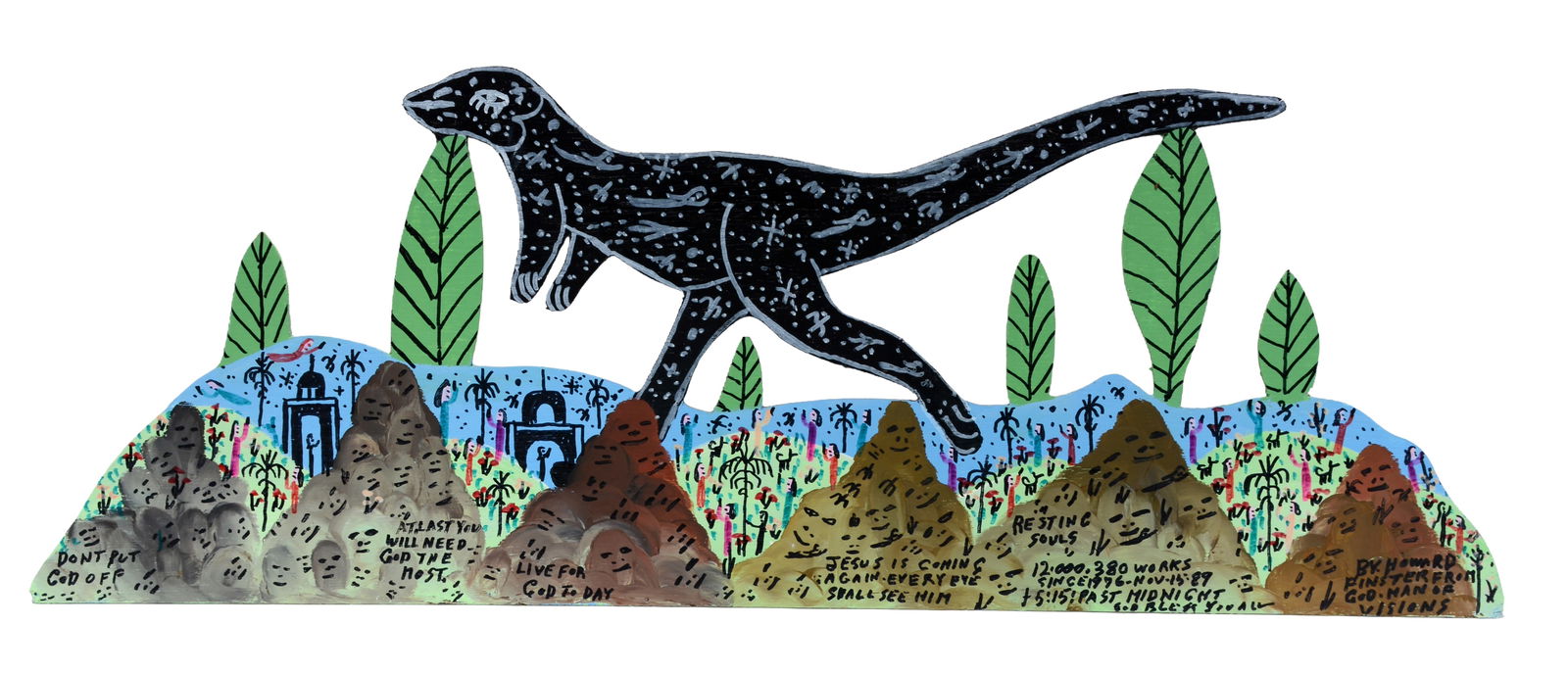 Howard Finster. Running Dinosaur. #12,380.: Howard Finster. Running Dinosaur. 1989. #12,380. Signed, dated, numbered and titled. Paint and marker on cut out board. Excellent condition. 31" x 11" h. Est. $1,000-1,500. Ship: $55 Please Read Befor