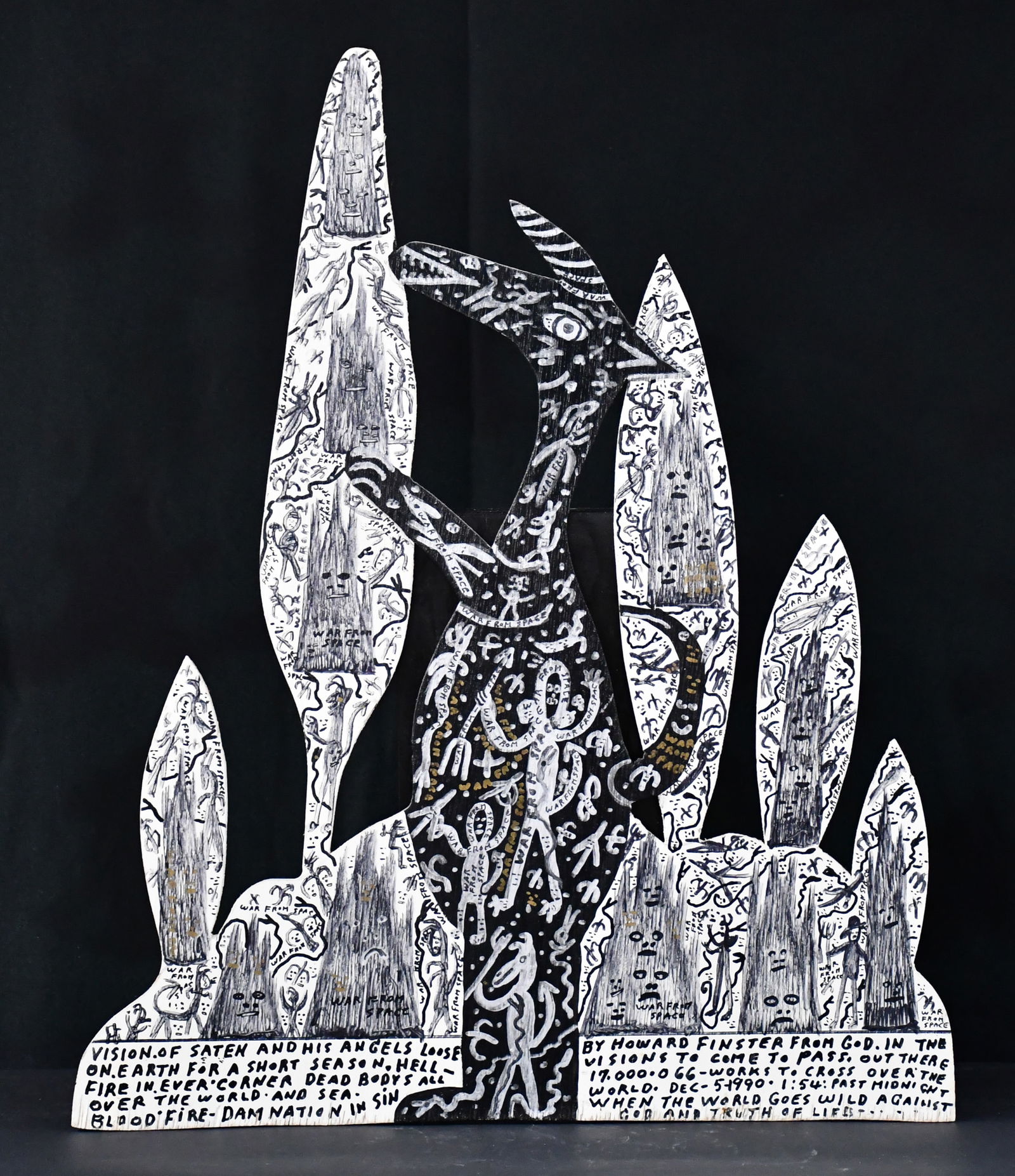 Howard Finster. Vision of Saten. #17,066.: Howard Finster. Vision of Saten (sic.). 1990. #17,066. Signed, dated, titled and numbered. Paint and marker on cut out board. Minor fraying at bottom, otherwise great condition. 21" w x 26" h. Est. $5